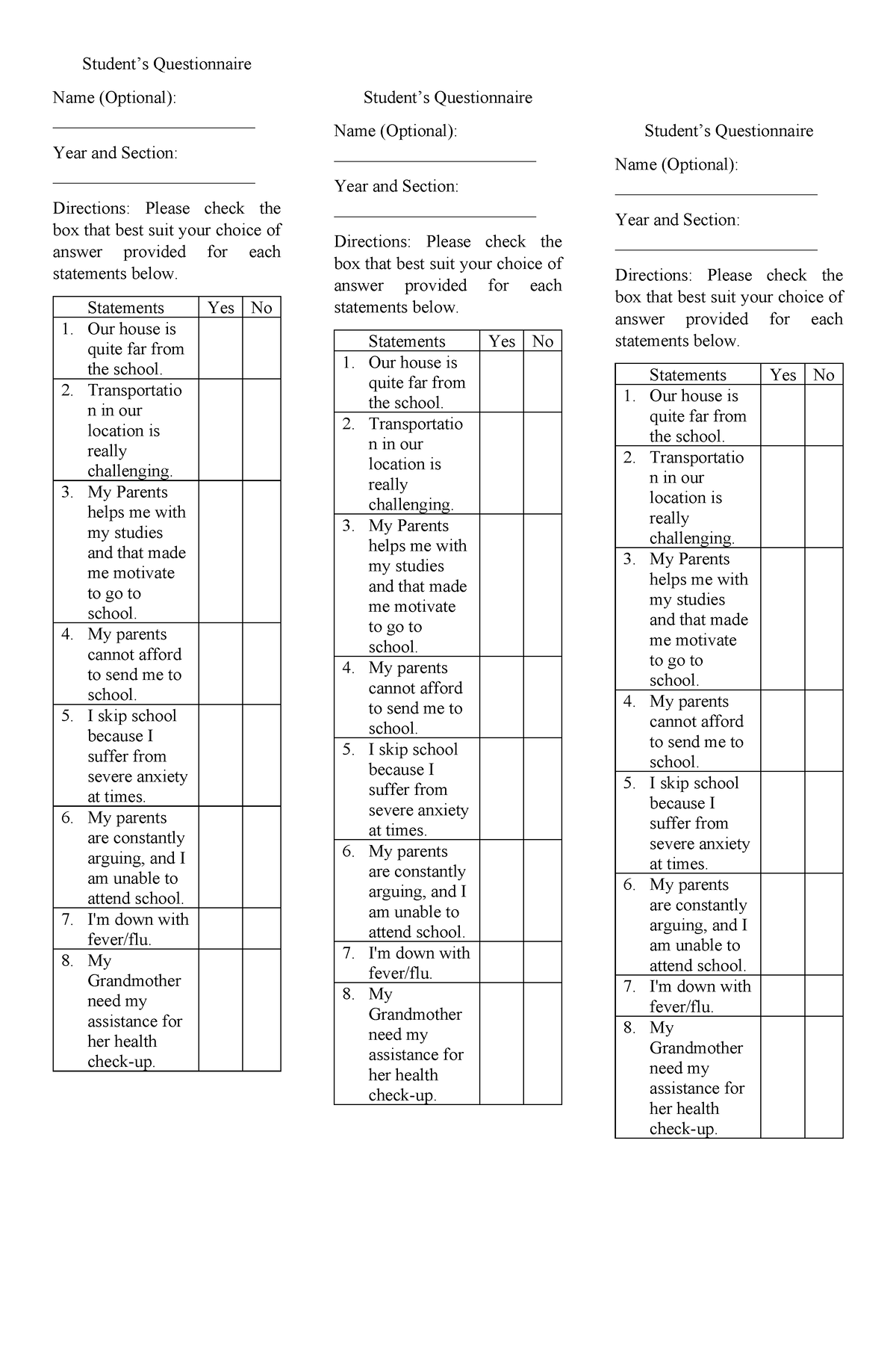 Surveyquetionnare - sdgsgfg - Student’s Questionnaire Name (Optional ...