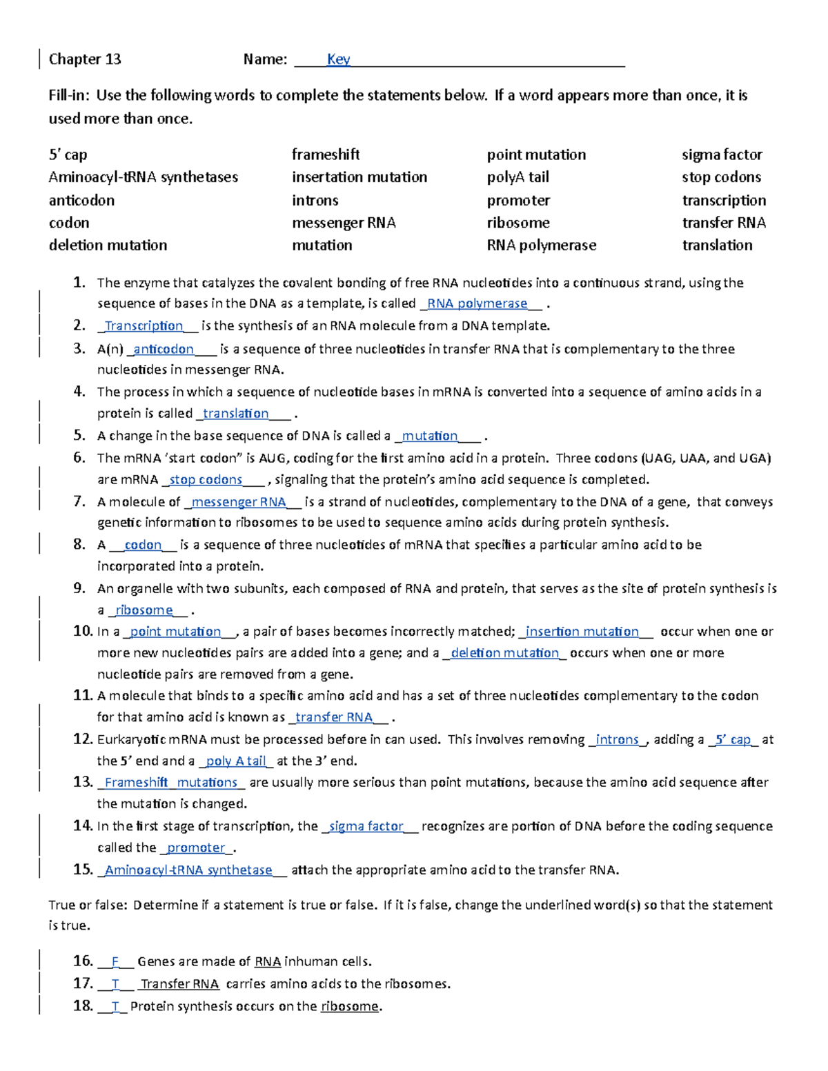 Chapter 17 worksheet Key - Chapter 13 Name: Key ...