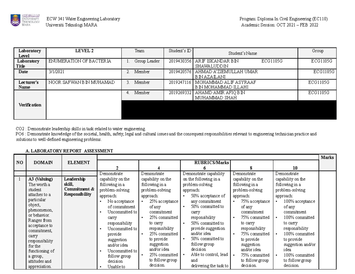 LAB Report Enumeration OF Bacteria - ECW 341 Water Engineering ...