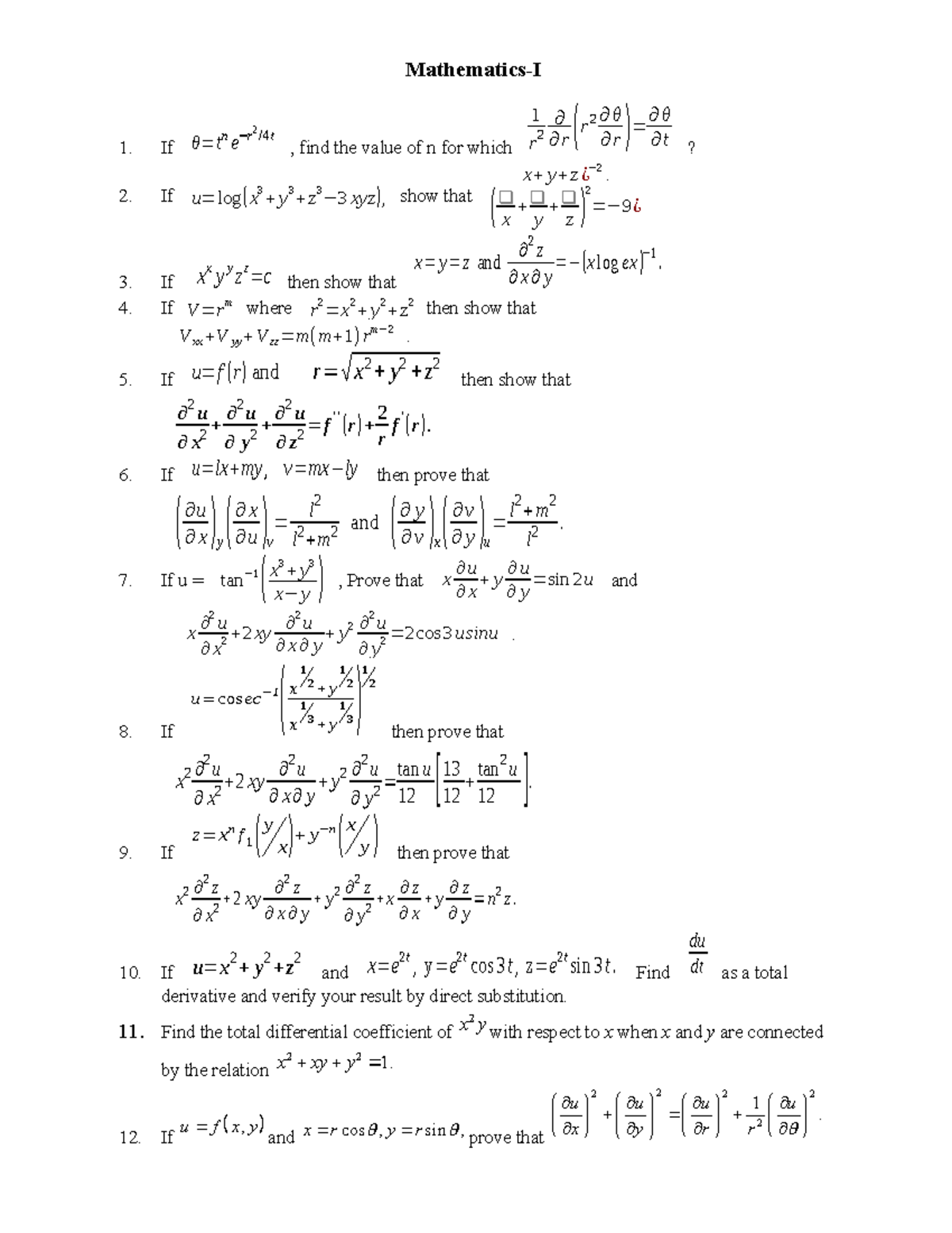 Mathematics-I Assignment Questions - Mathematics-I If θ = t n e − r 2 / ...