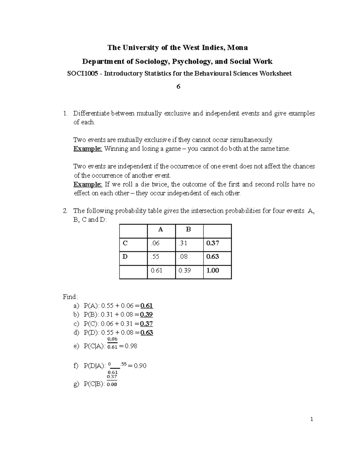 SOCI1005 Worksheet 6 - The University of the West Indies, Mona ...