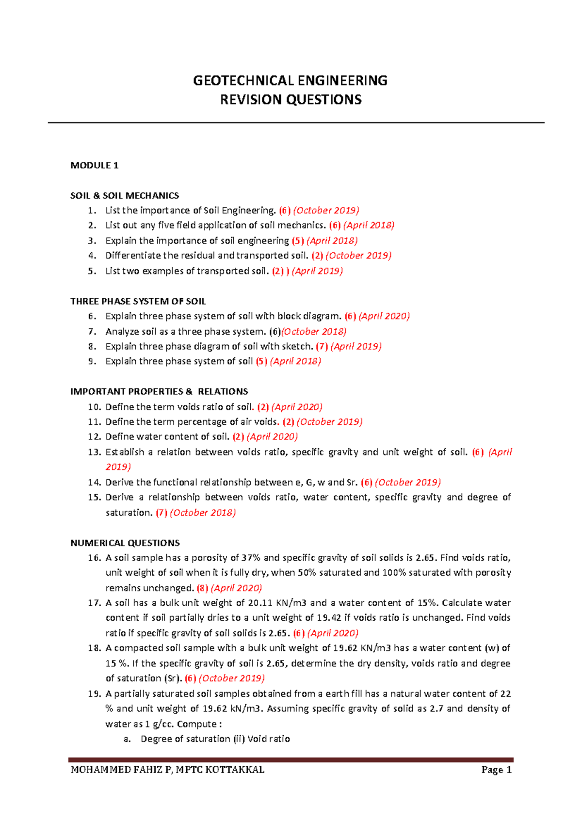 GT module 1 answers GEOTECHNICAL ENGINEERING REVISION QUESTIONS