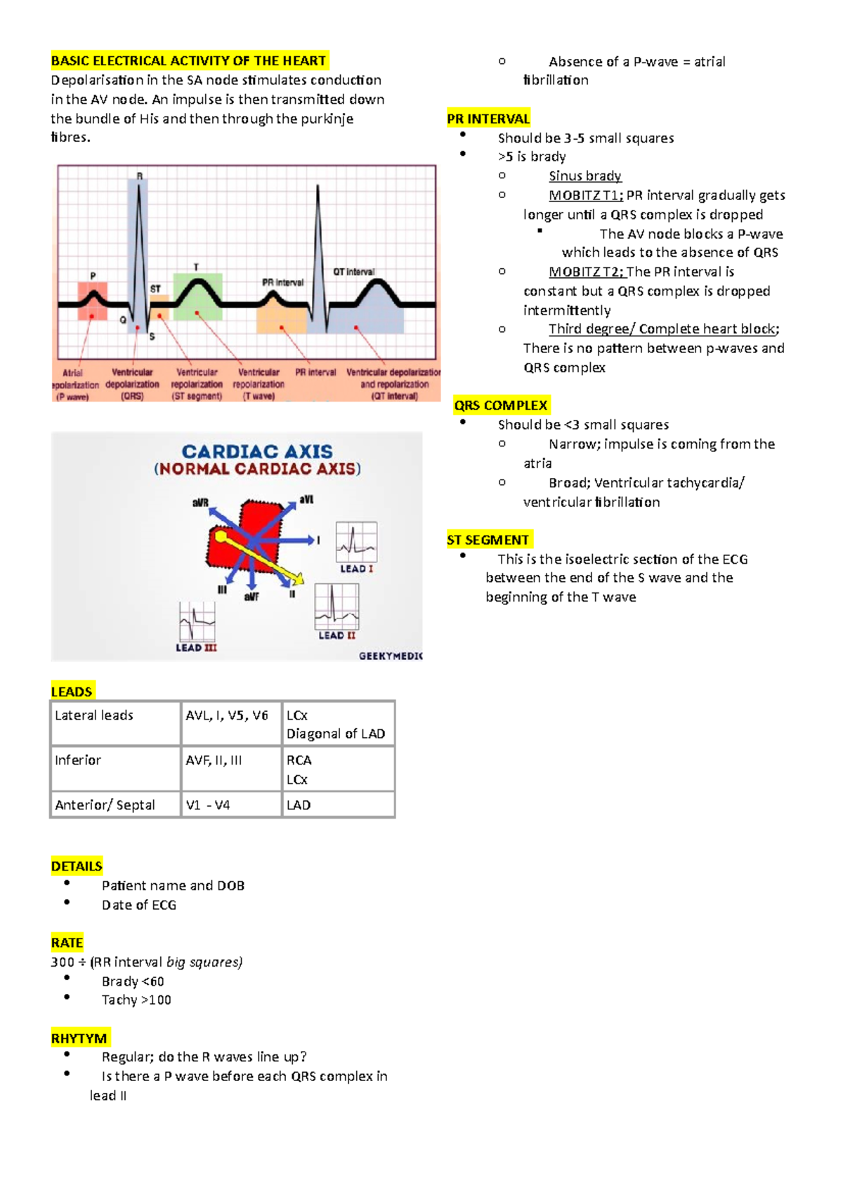 ECG - Summary notes - BASIC ELECTRICAL ACTIVITY OF THE HEART ...