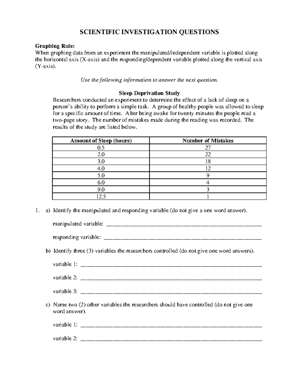 Scientific Investigation Questions SCIENTIFIC INVESTIGATION QUESTIONS