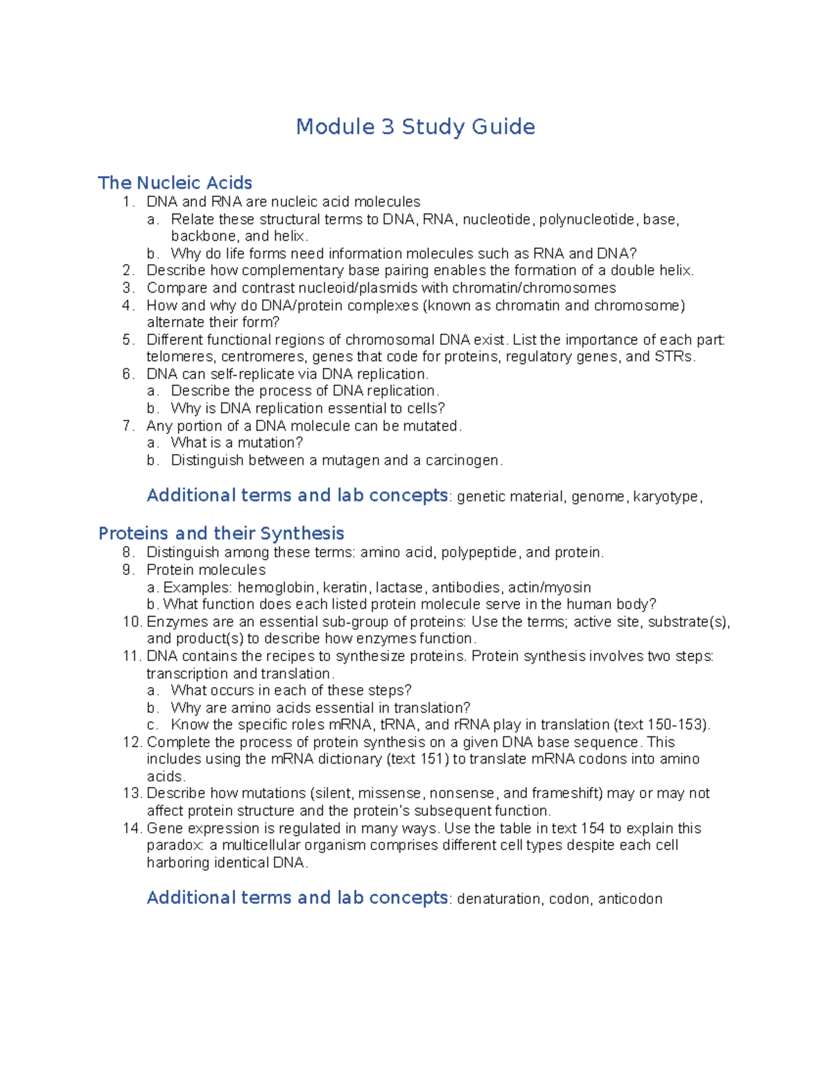 2023 Module 3 Study Guide - Module 3 Study Guide The Nucleic Acids DNA ...