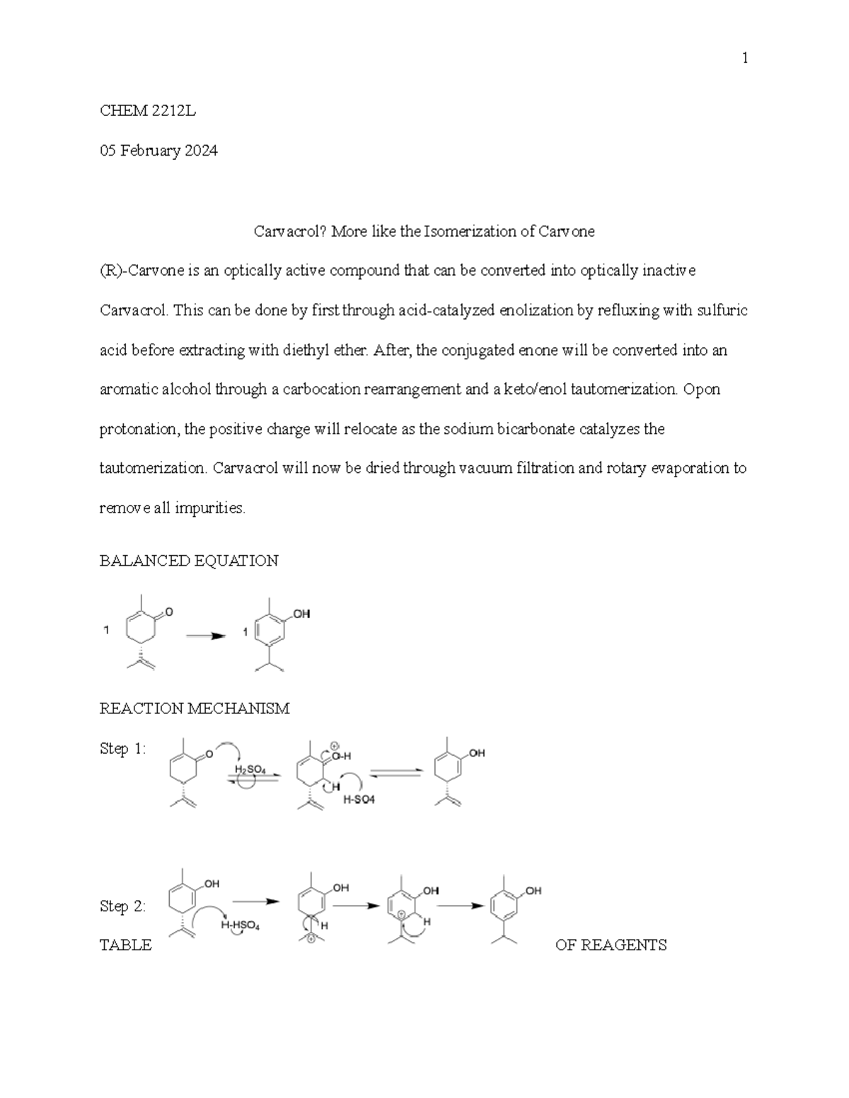 Lab 2 - carvone carvacrol isomerization lab - CHEM 2212L 05 February ...