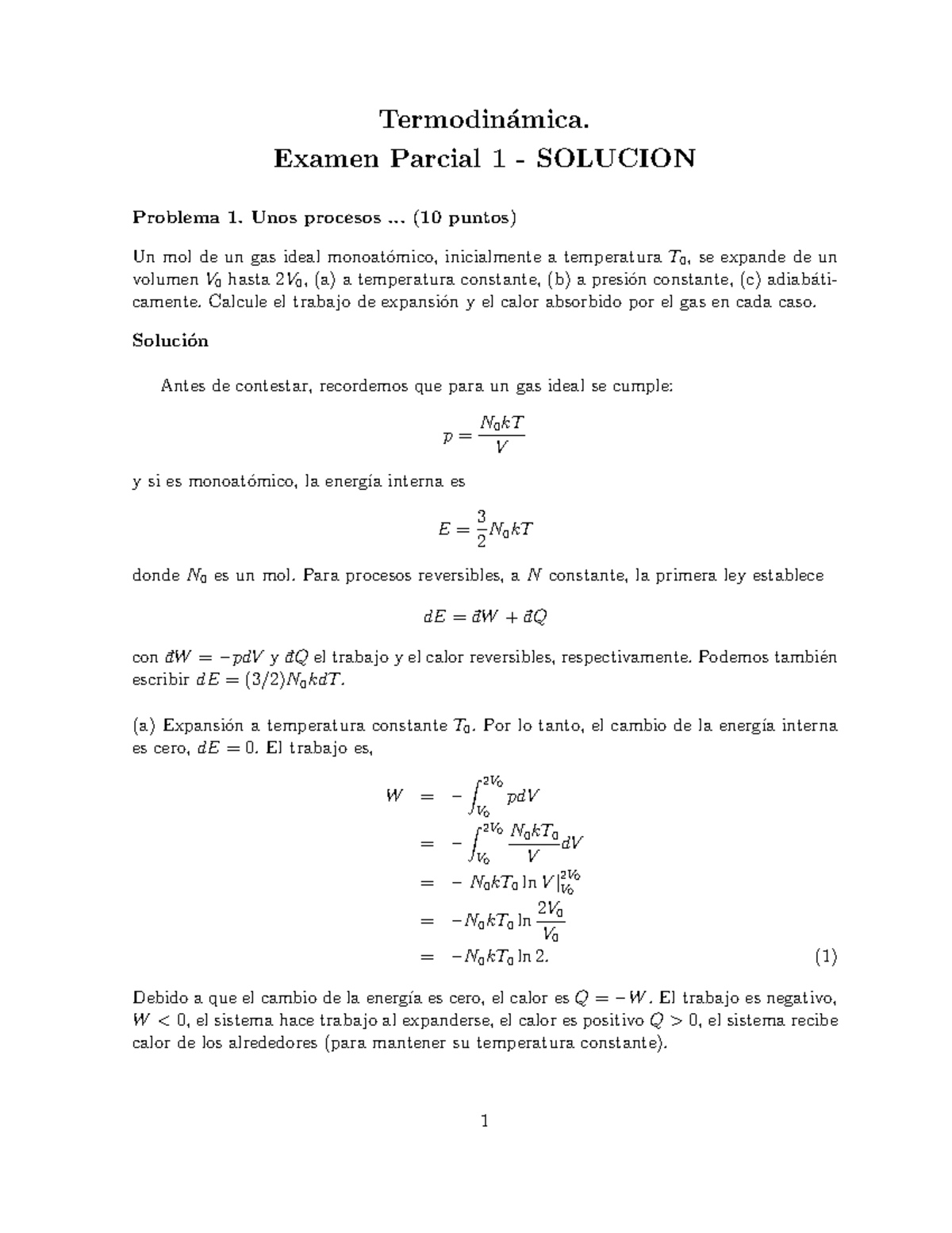 Termo 17 Examen 1 Solucion - Termodin ́amica. Examen Parcial 1 ...