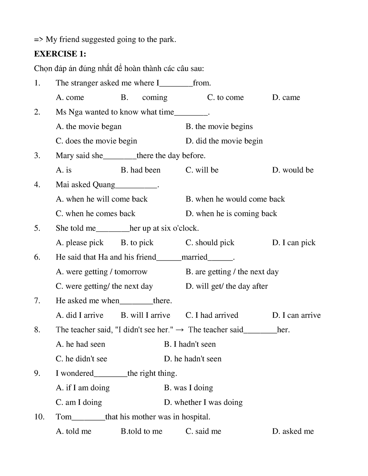 english 4u grammar exercises reported speech