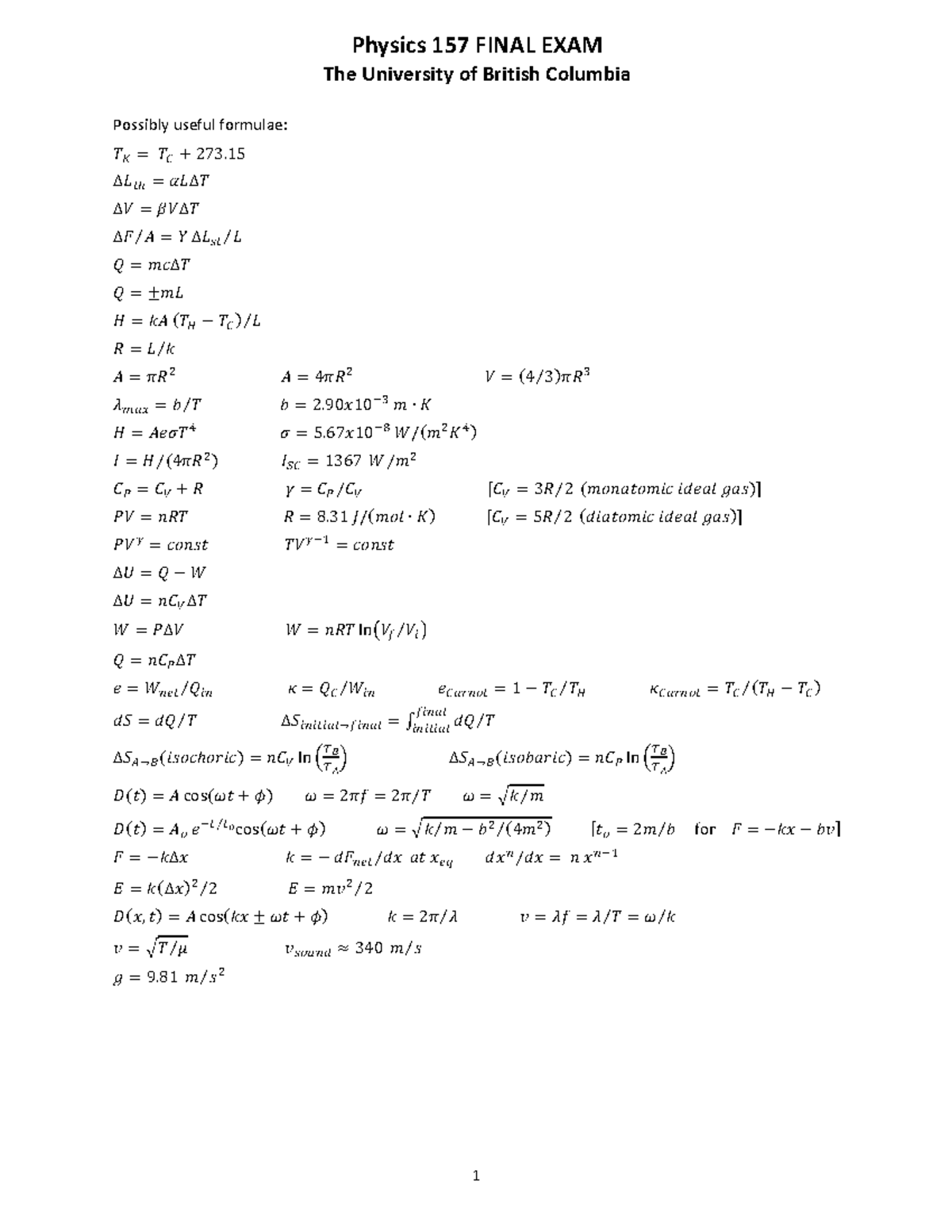 Formula Sheet 2024 Final - Physics 157 FINAL EXAM The University of ...