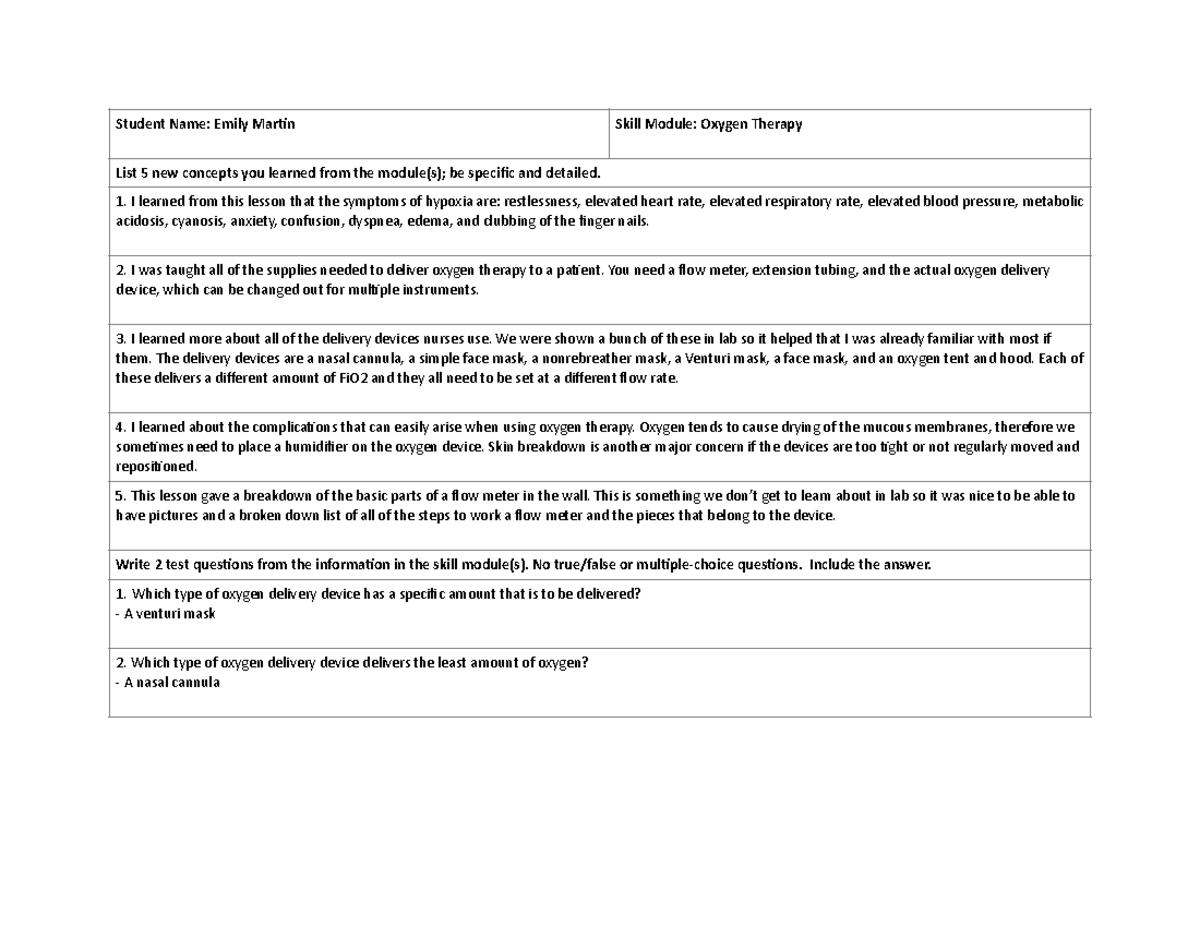 Oxygen Therapy Skill Module Student Name Emily Mar2n Skill Module
