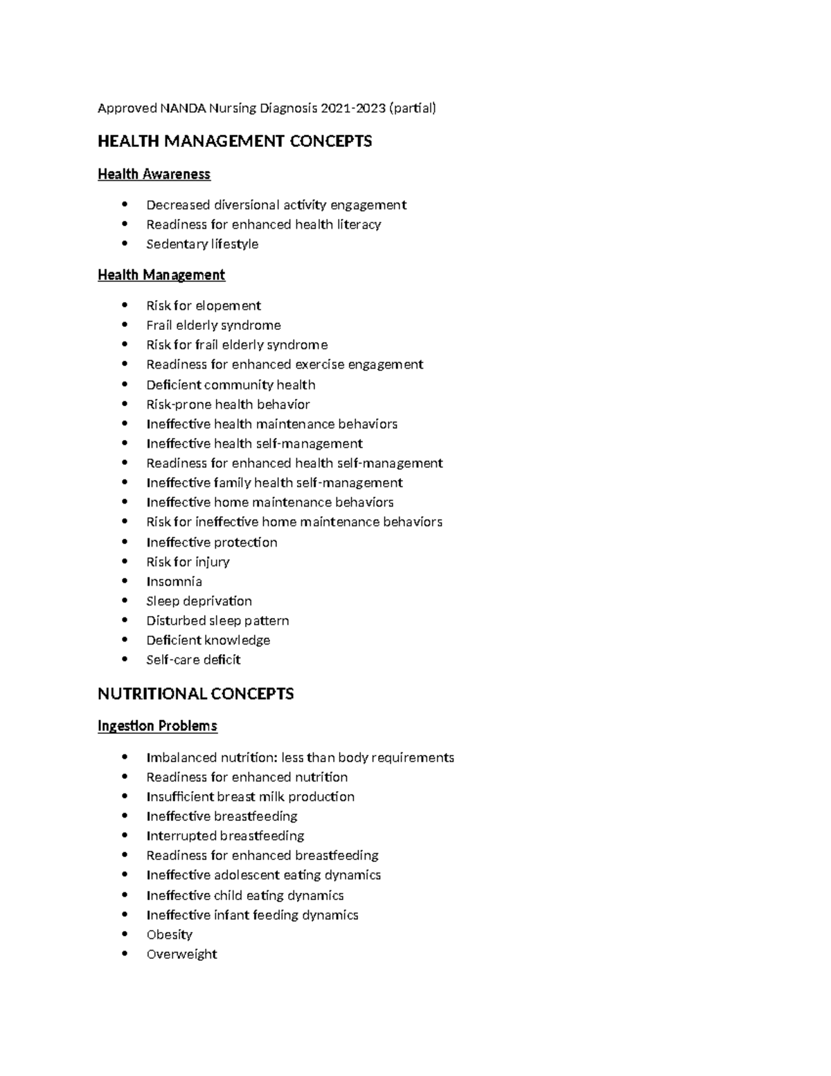 Nanda List Partial 20212023 Approved NANDA Nursing Diagnosis 2021