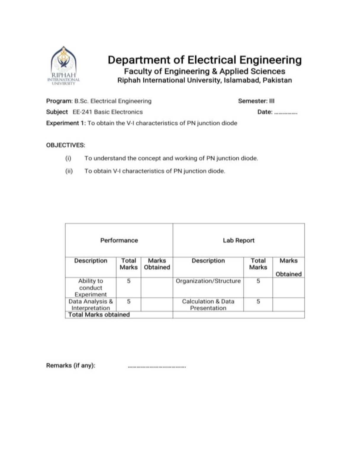 Basic electronics lab 1 - Database - Riphah - Studocu