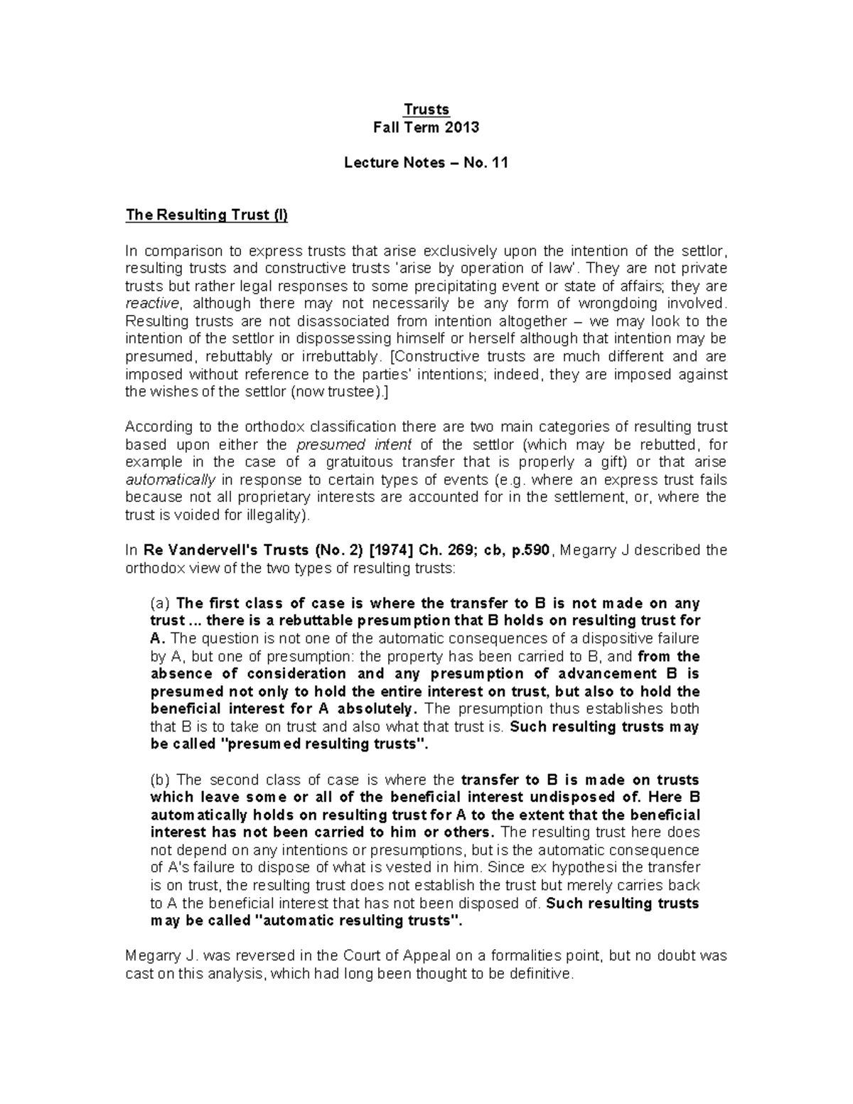 11 The Resulting Trust I - Trusts Fall Term 2013 Lecture Notes – No. 11 ...