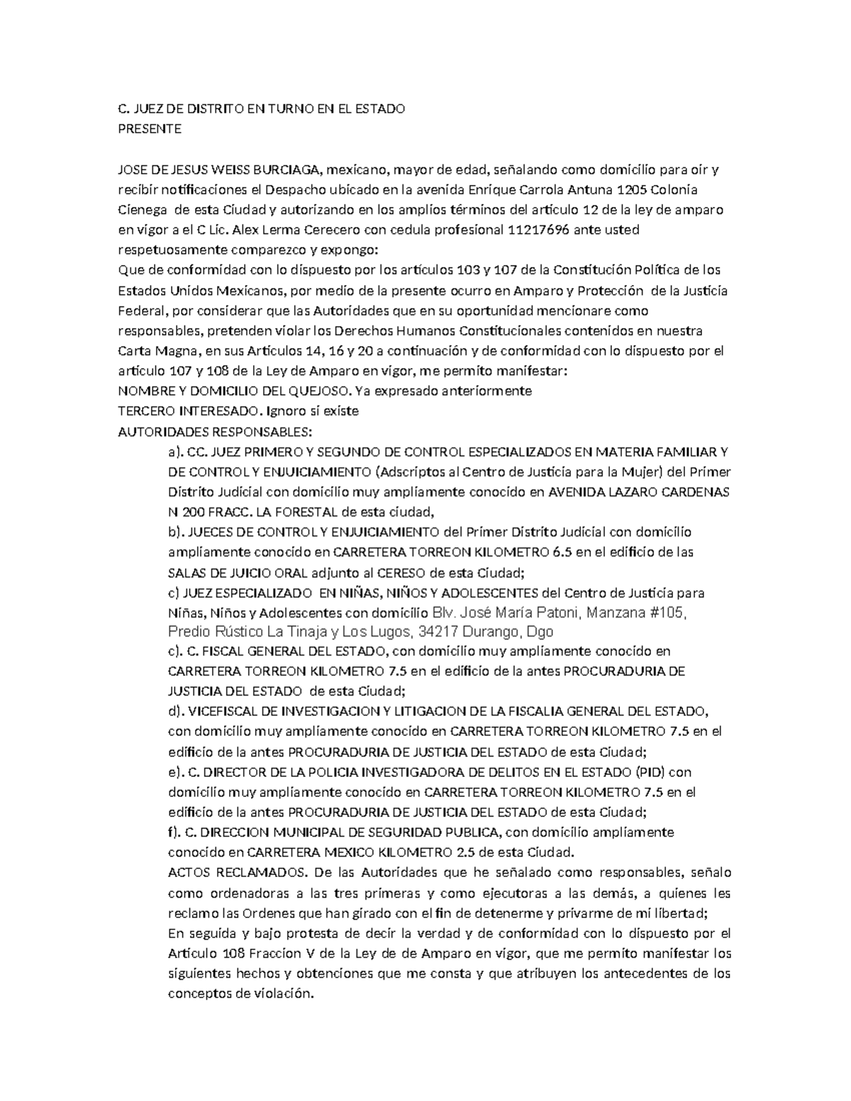 Amparo Orden De Aprehension - C. JUEZ DE DISTRITO EN TURNO EN EL ESTADO ...