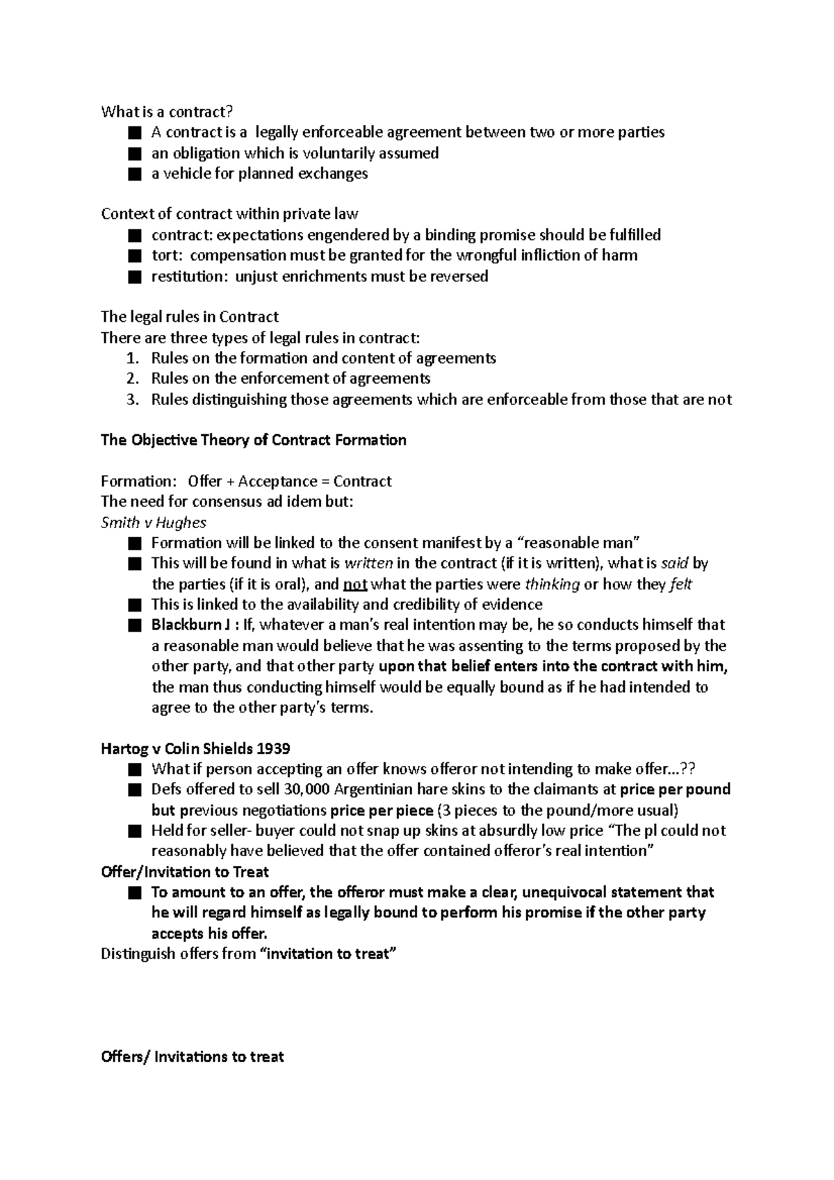 Contract Law - Lecture notes 1 - What is a contract? A contract is a ...