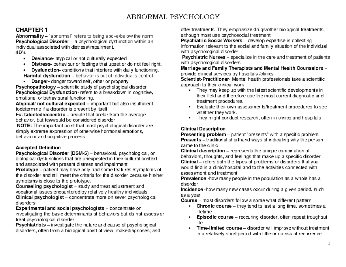 Abnormal psych chap 1 - notes - CHAPTER 1 Abnormality – ―abnormal ...