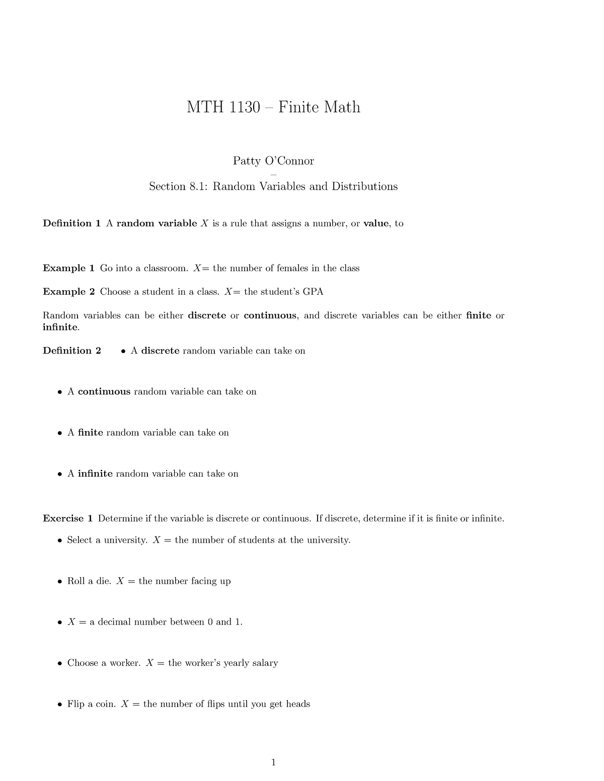 Random Variables Notes Mth 1130 Finite Math Patty Oconnor Section 8 Random Variables And 0765