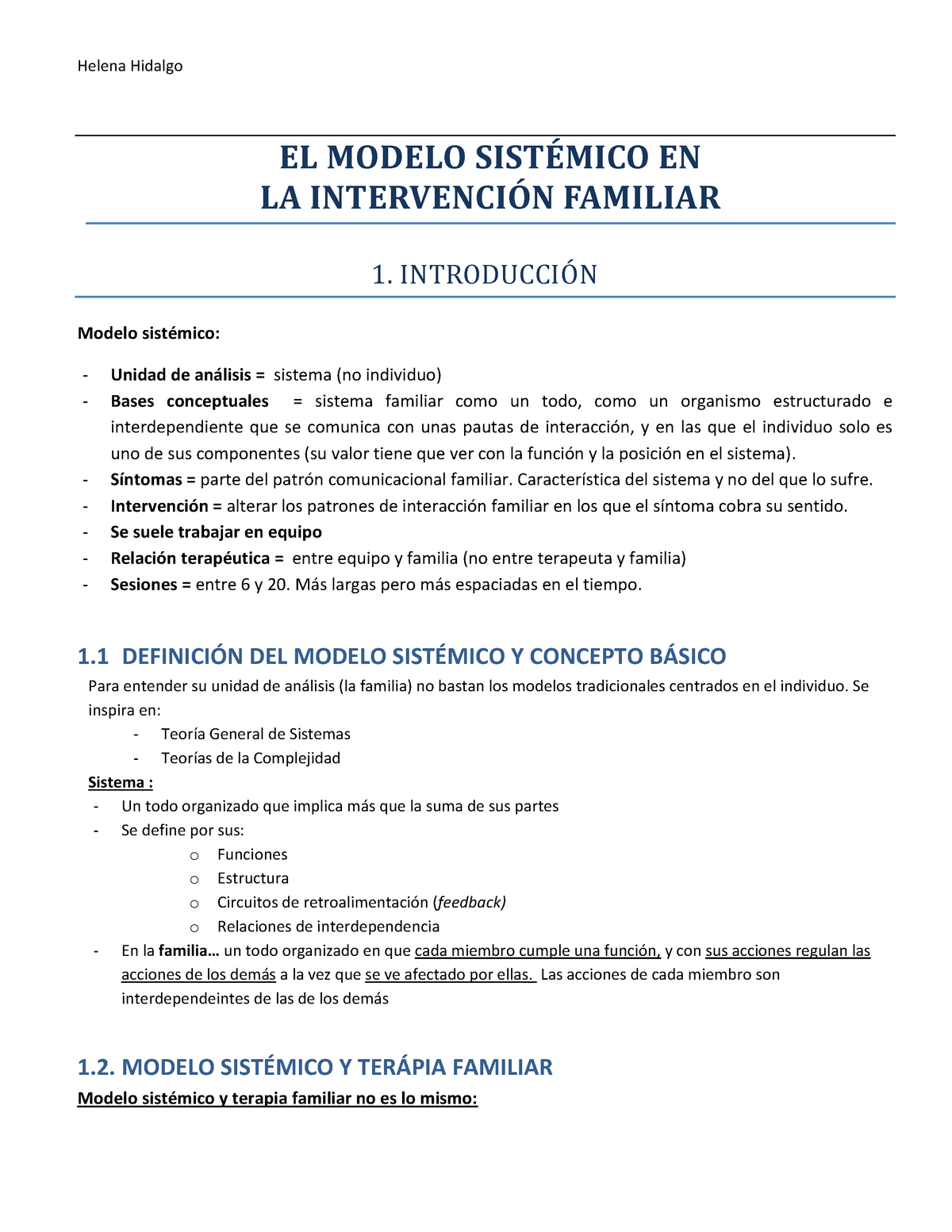 El modelo sistémico en la intervención familiar. Lectura 1. Sistémia I. -  Helena Hidalgo EL MODELO - Studocu