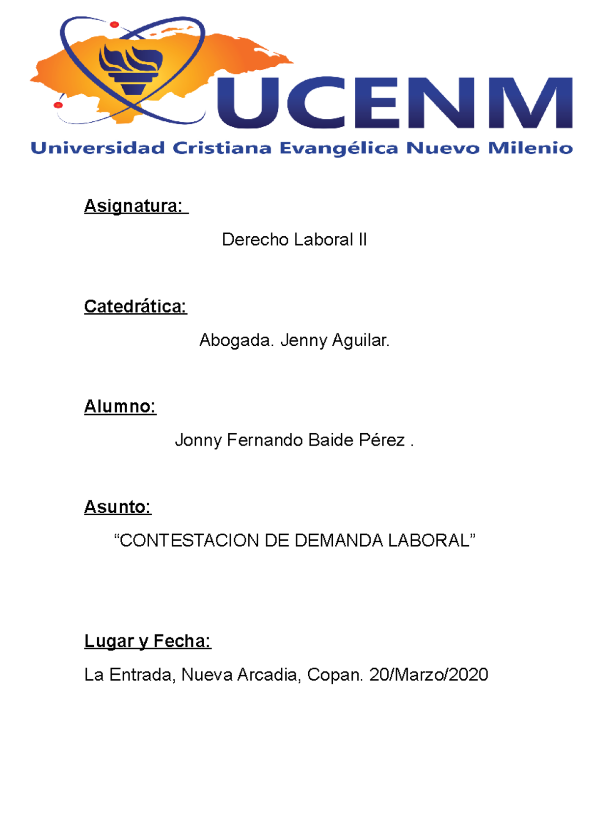 Contestacion De Demanda Laboral - Asignatura: Derecho Laboral II ...