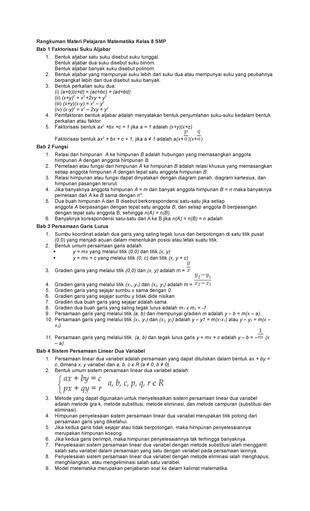 Rangkuman Materi Pelajaran Matematika Kelas 8 Smp - Rangkuman Materi ...