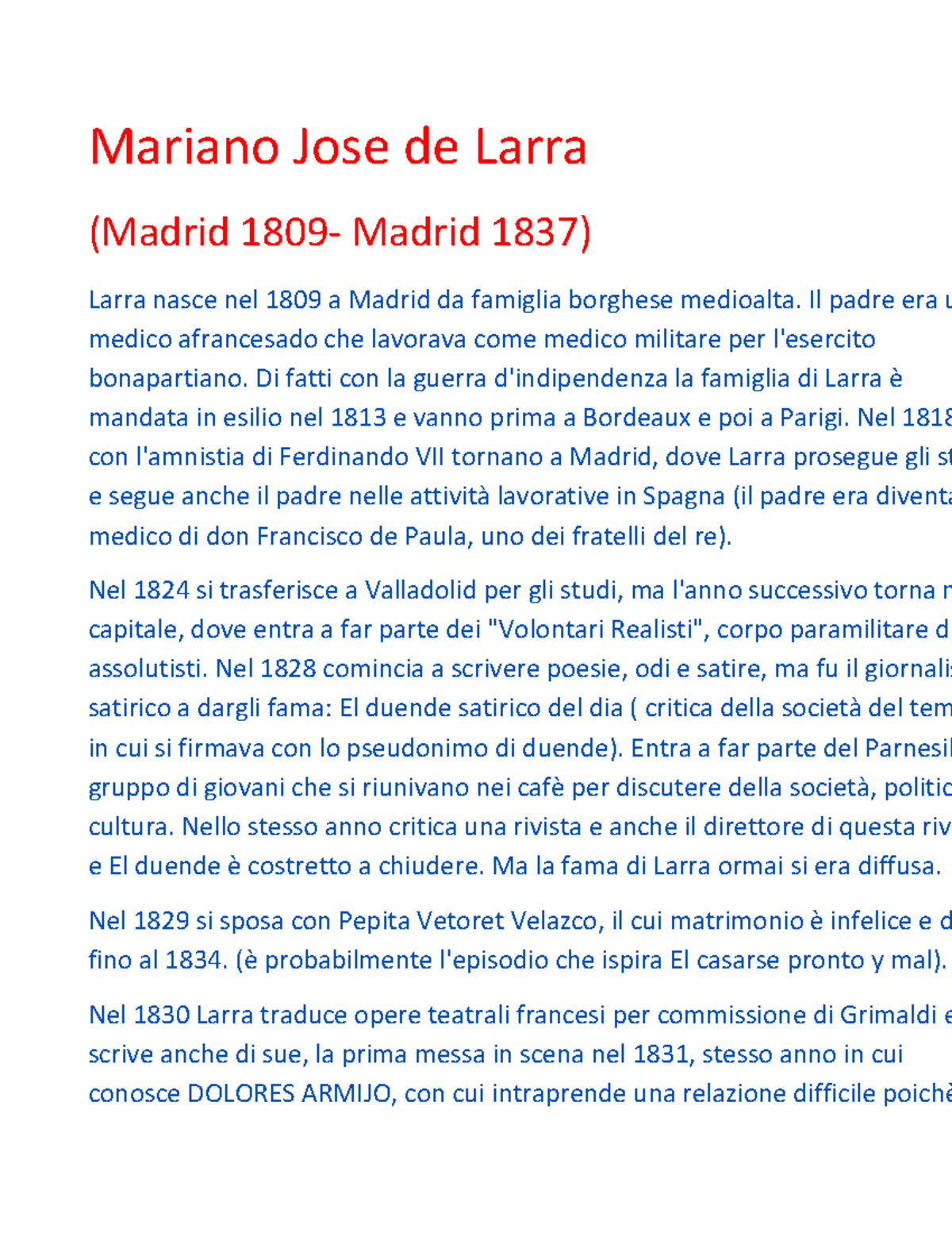 Mariano Jose de Larra Mariano Jose de Larra (Madrid 1809 Madrid 1837