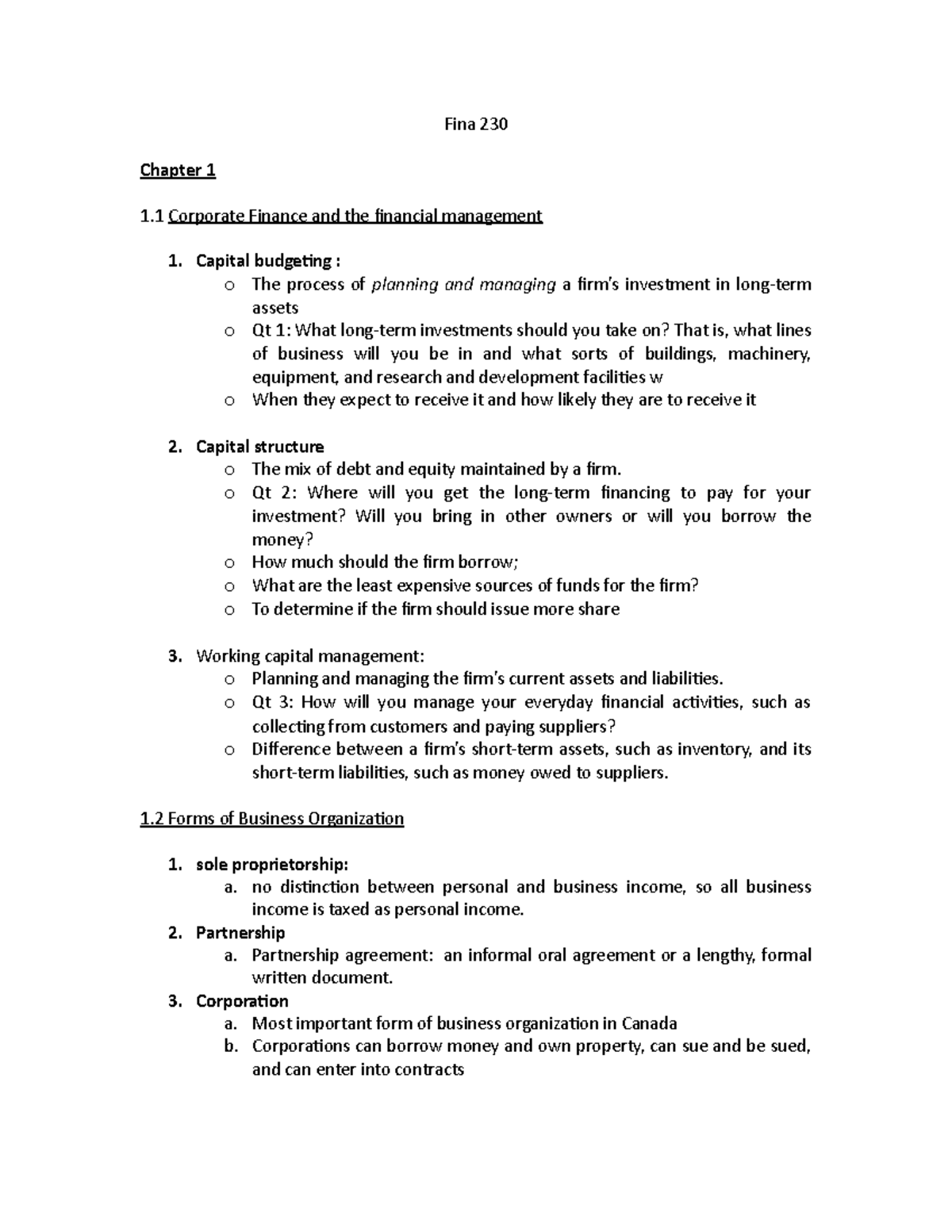 Notes(Quiz1) - Lecture notes 1-5 - Fina 230 Chapter 1 1 Finance and the ...