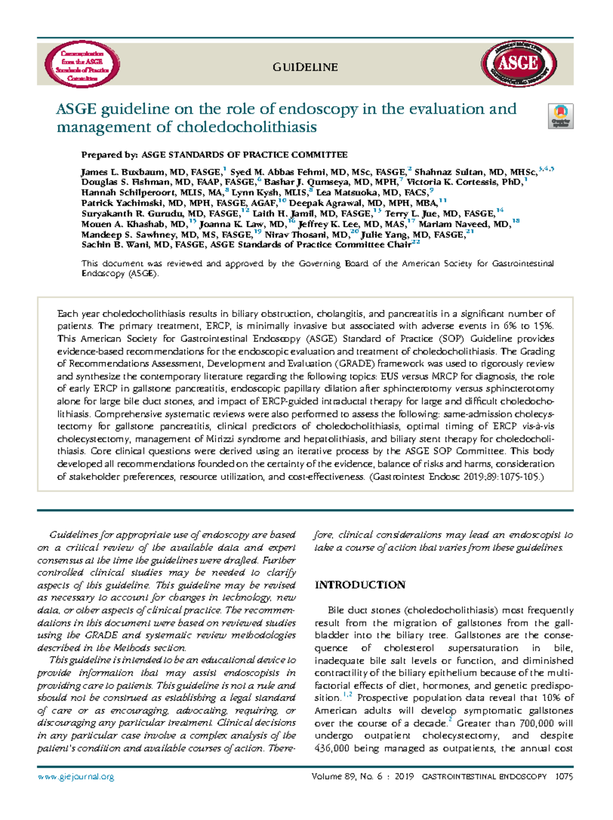 Articulo Coledocolitiasis - GUIDELINE ASGE Guideline On The Role Of ...