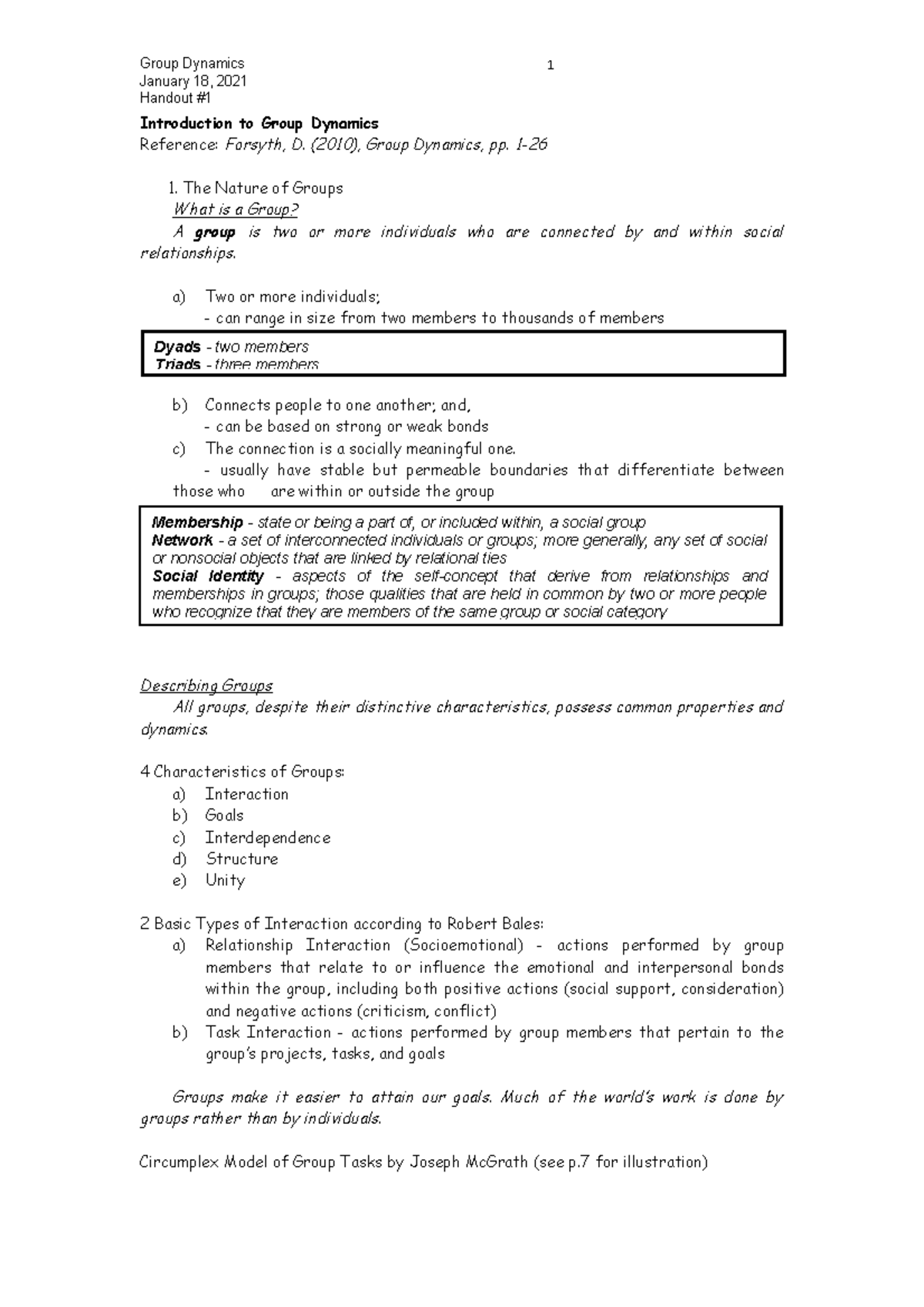 Introduction to Group Dynamics - Group Dynamics 1 January 18, 2021 ...