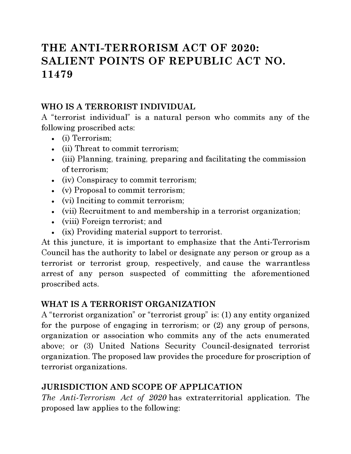 Ra 11479 Anti Terrorism Act Of 2020 The Anti Terrorism Act Of 2020 Salient Points Of