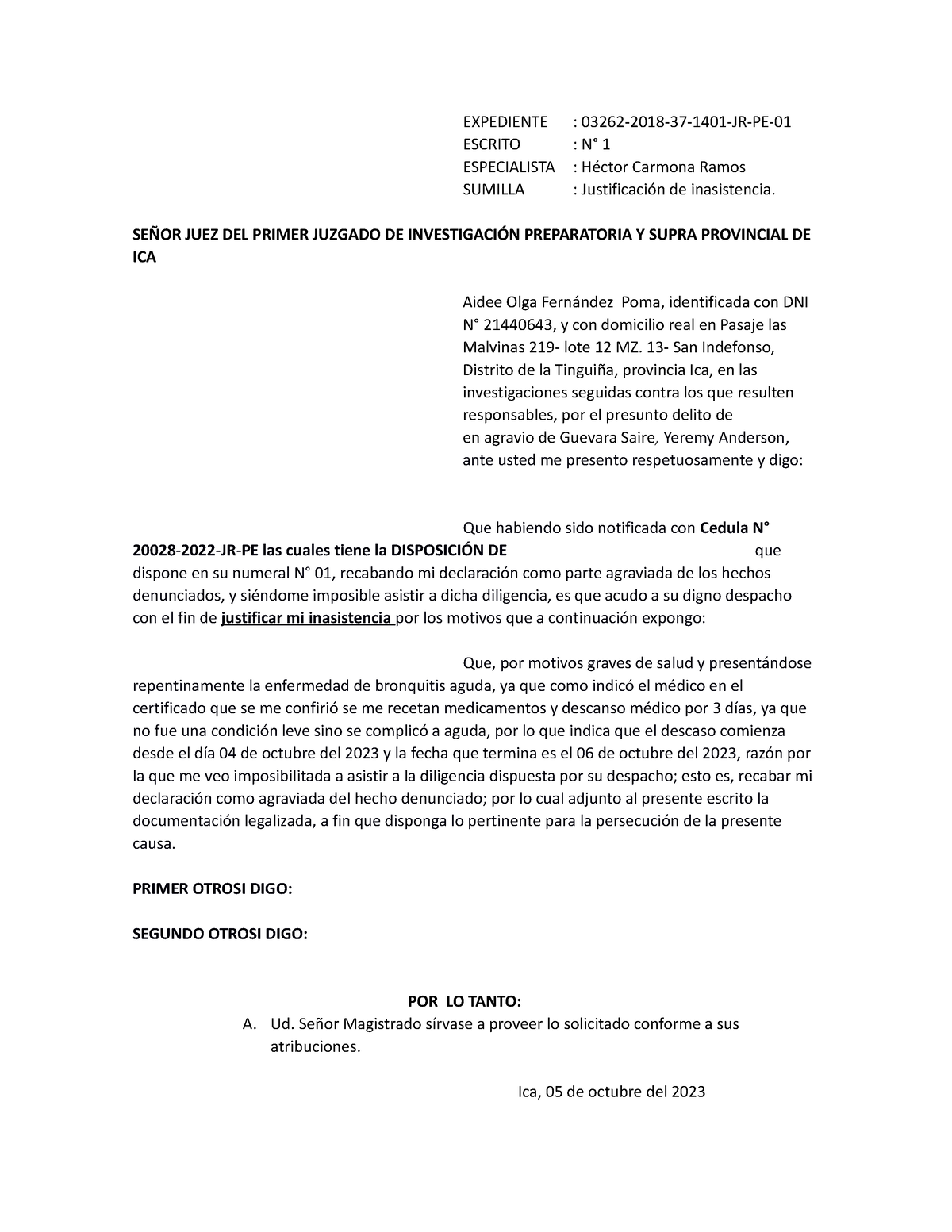 Justificación DE Inasistencia AL Juicio - EXPEDIENTE : 03262-2018-37 ...