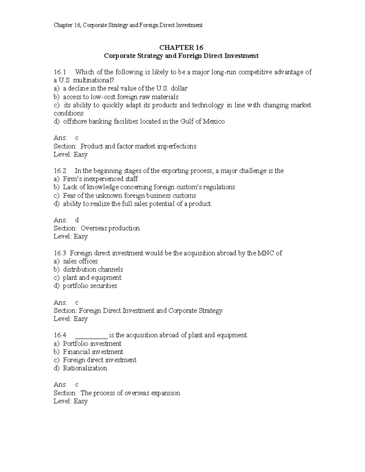 Ch16 - practice questions - CHAPTER 16 Corporate Strategy and Foreign ...