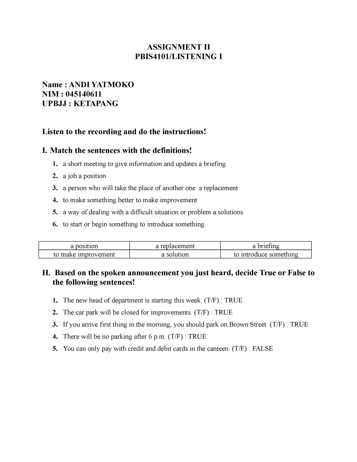 Listening 1- Tugas 2-SOAL - ASSIGNMENT II PBIS4101/LISTENING I Name ...