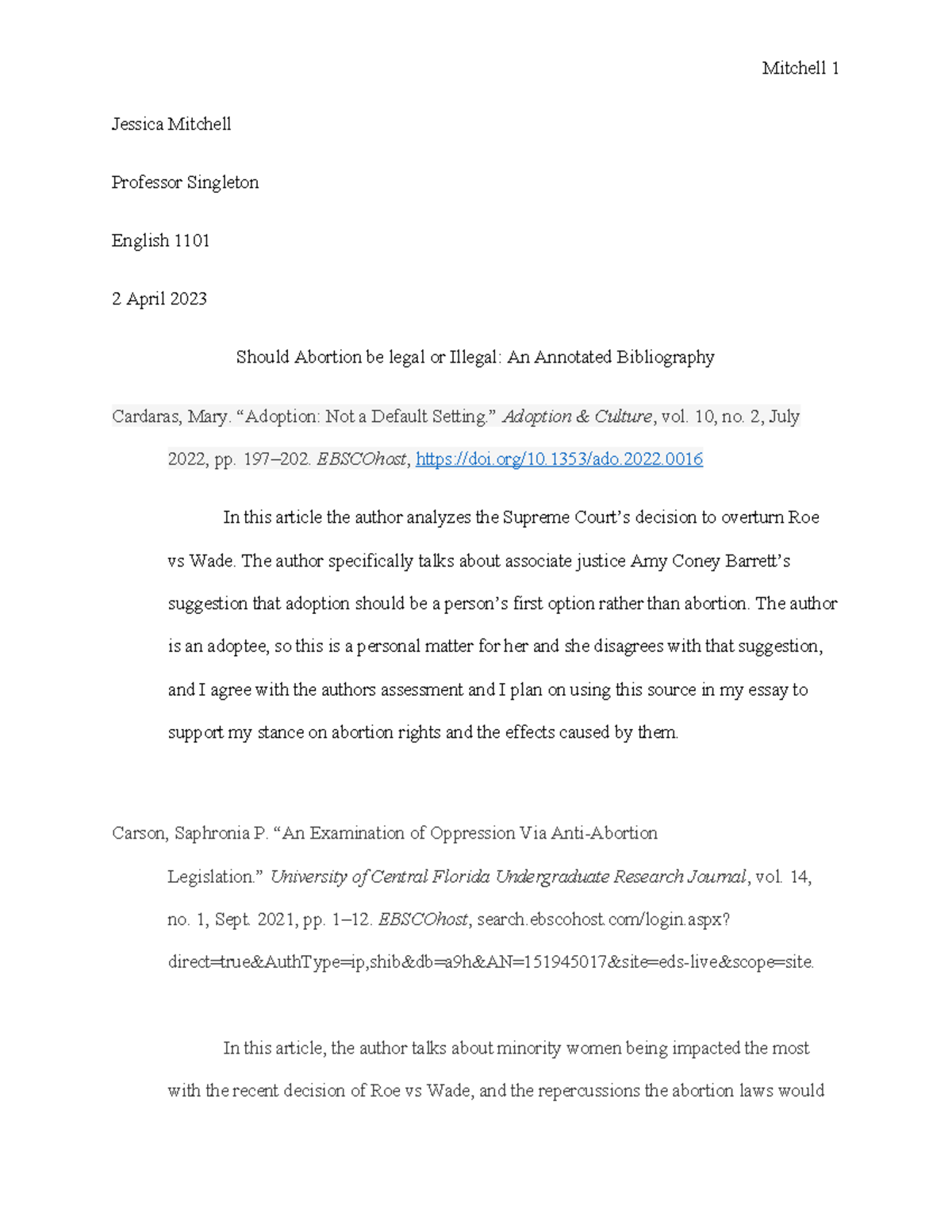 Annotated biblography - Mitchell 1 Jessica Mitchell Professor Singleton ...