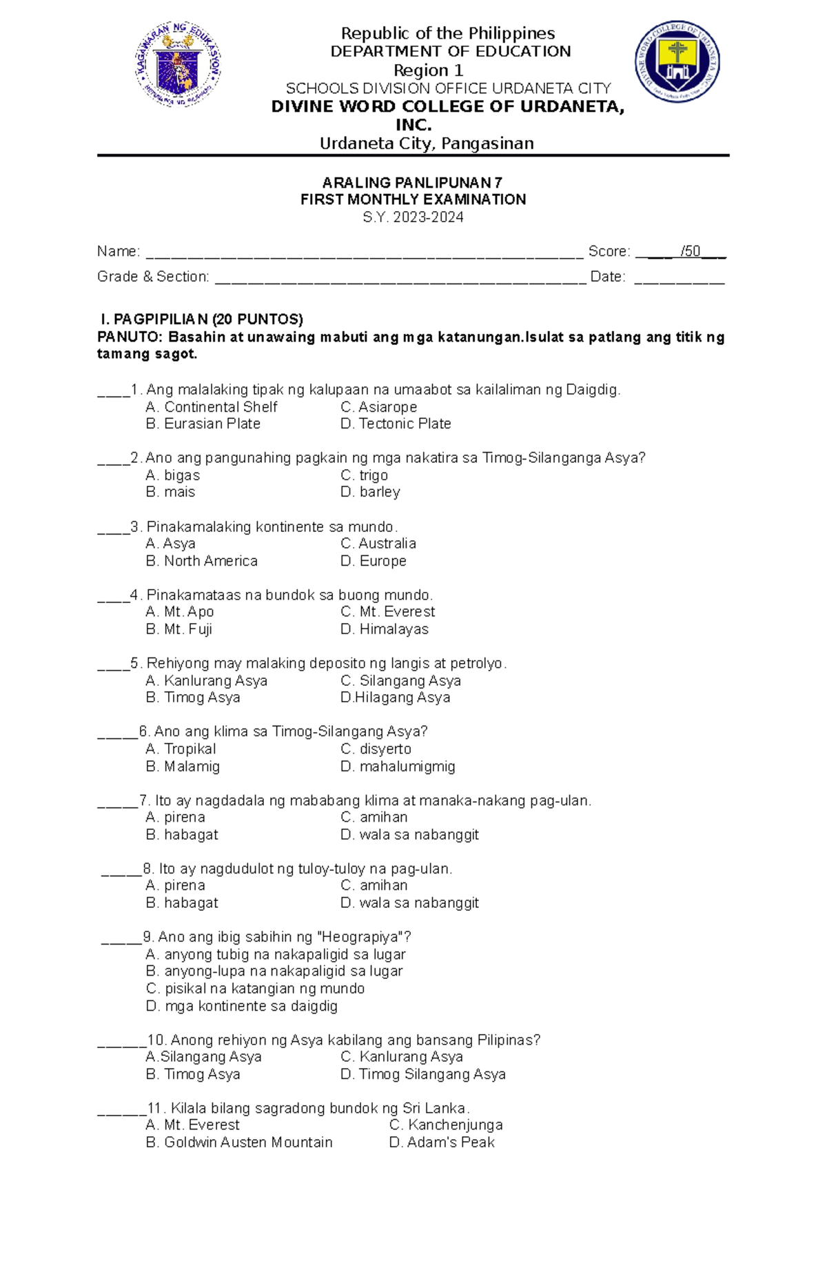AP 7 - examination - Republic of the Philippines DEPARTMENT OF ...