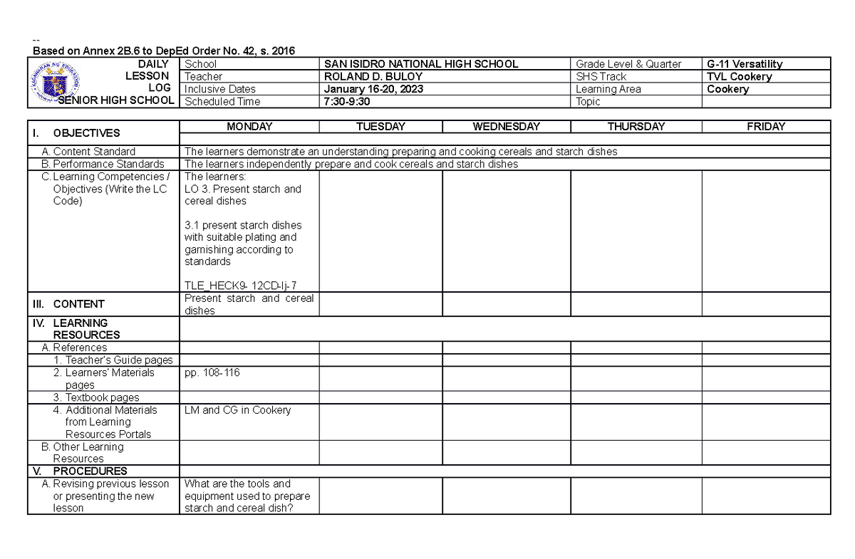 Cookery - Thank you - Based on Annex 2B to DepEd Order No. 42, s. 2016 ...