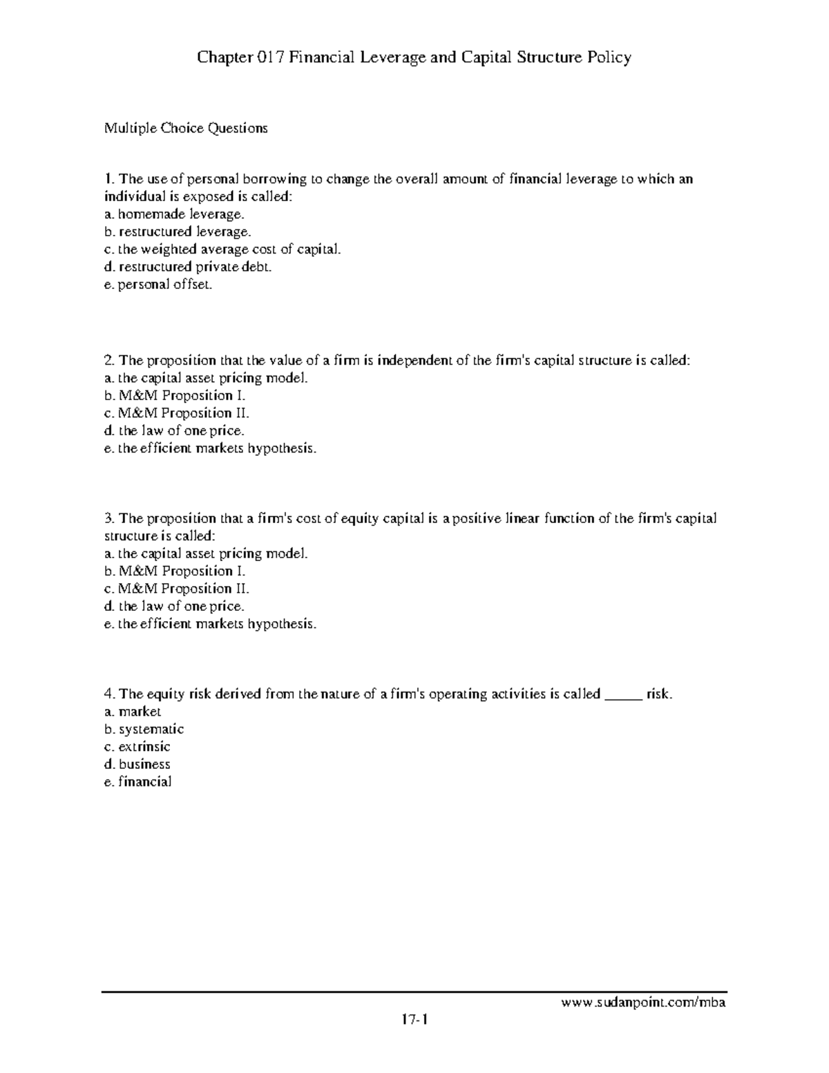Sample/practice exam 12 March 2010, questions and answers Chapter 017 Financial Leverage and