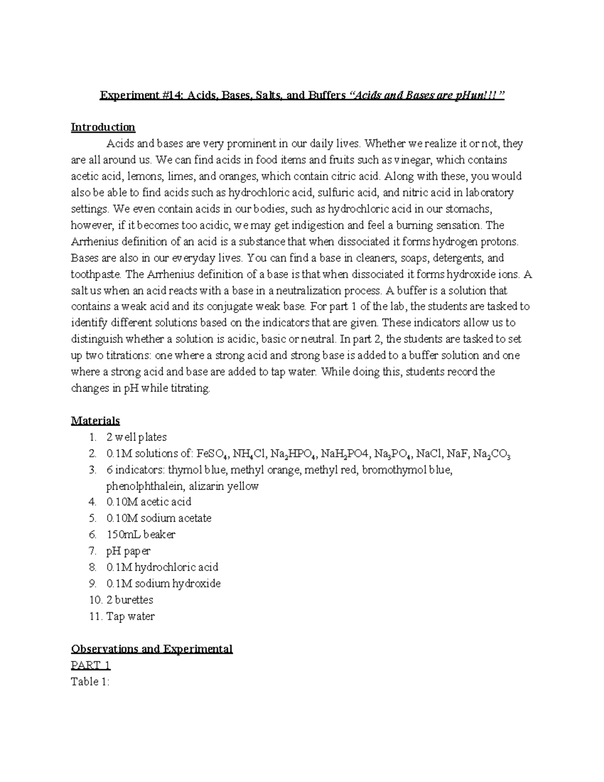 Chem 106 lab report 14 Experiment 14 Acids, Bases, Salts, and