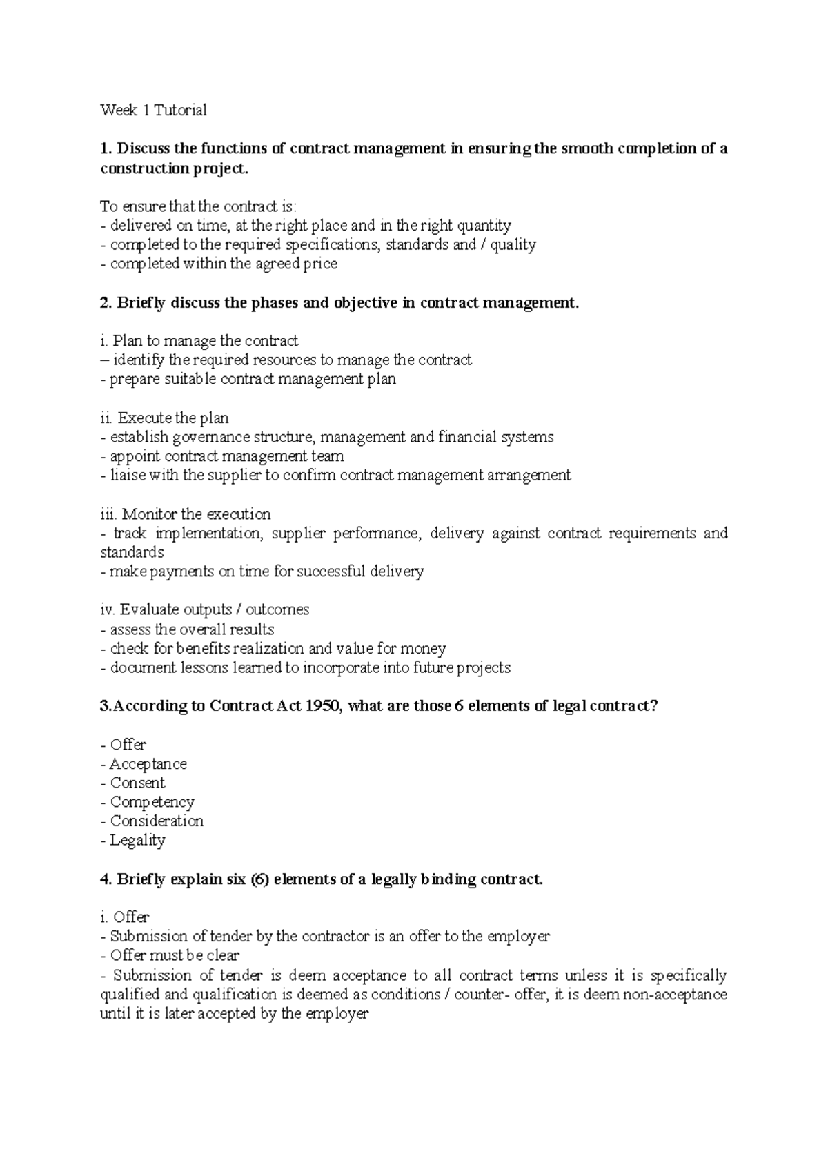 Week 1 Tutorial (Contract Management) - Week 1 Tutorial 1. Discuss the ...