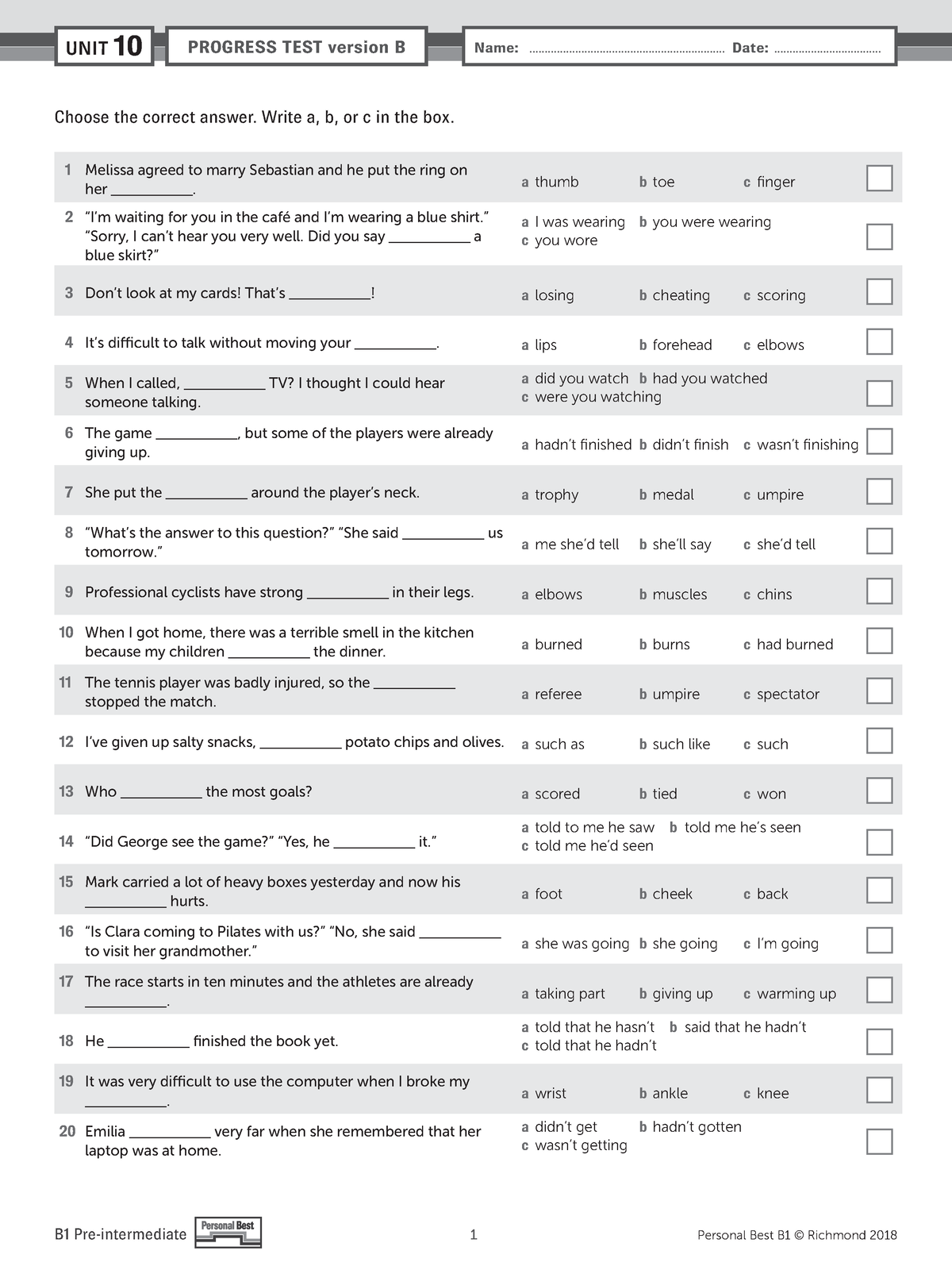 PB Am E B1 Unit Test U10 Version B - Choose The Correct Answer. Write A ...