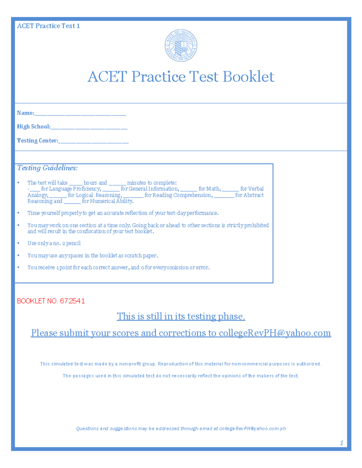 Ateneo De Manila College Entrance Test Practice ACET Practice Test 