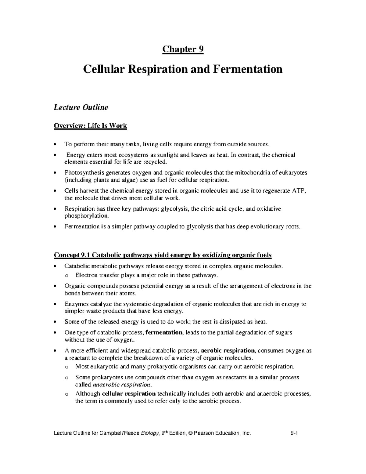 0 chapter 9 outline - lecture notes - Chapter 9 Cellular Respiration ...