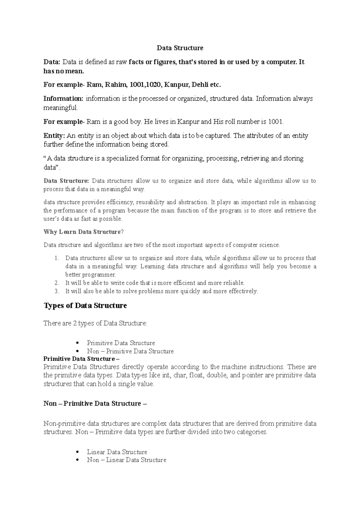 Data Structure Notes - Data Structure Data: Data is defined as raw ...