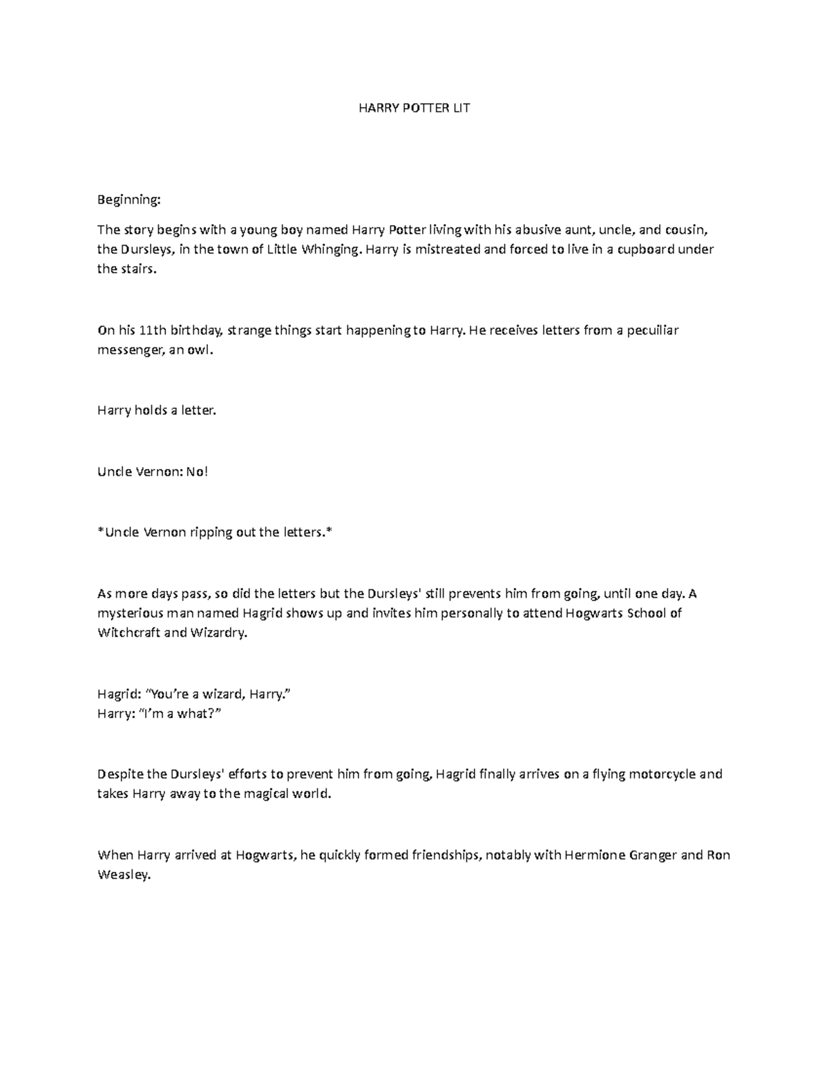 Harry- Potter-LIT - script summarization - HARRY POTTER LIT Beginning ...