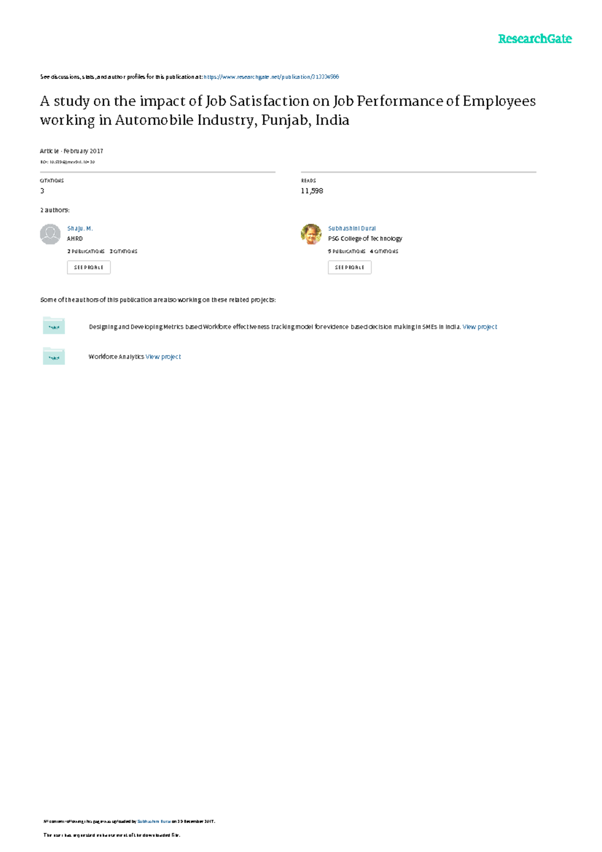 A study on the impact of Job Satisfaction on Job P - See discussions ...