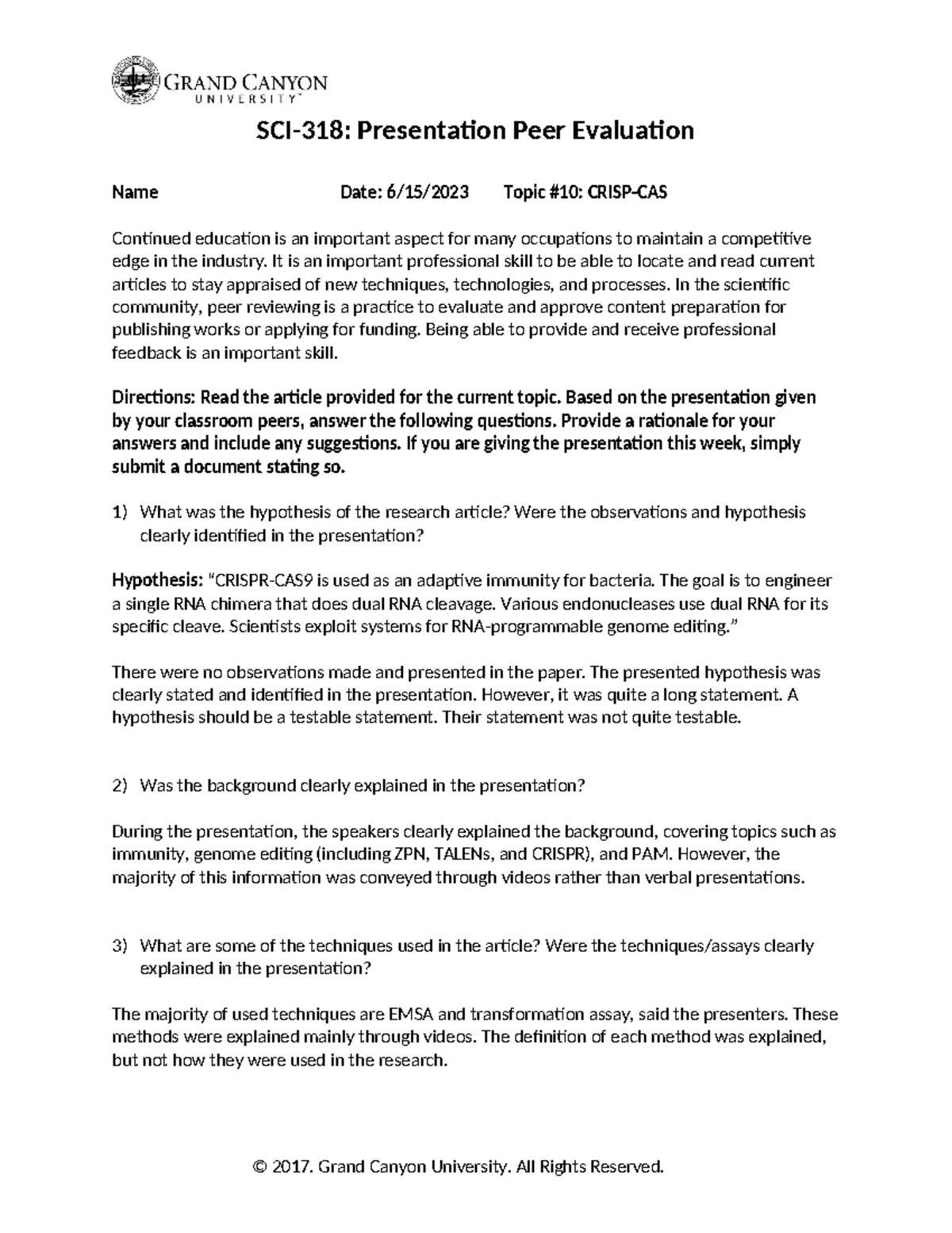 PEER EVAL NO. 5 - in-class peer review - SCI-318: Presentation Peer ...
