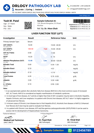 Liver Profile LFT test report format example sample template Drlogy lab ...