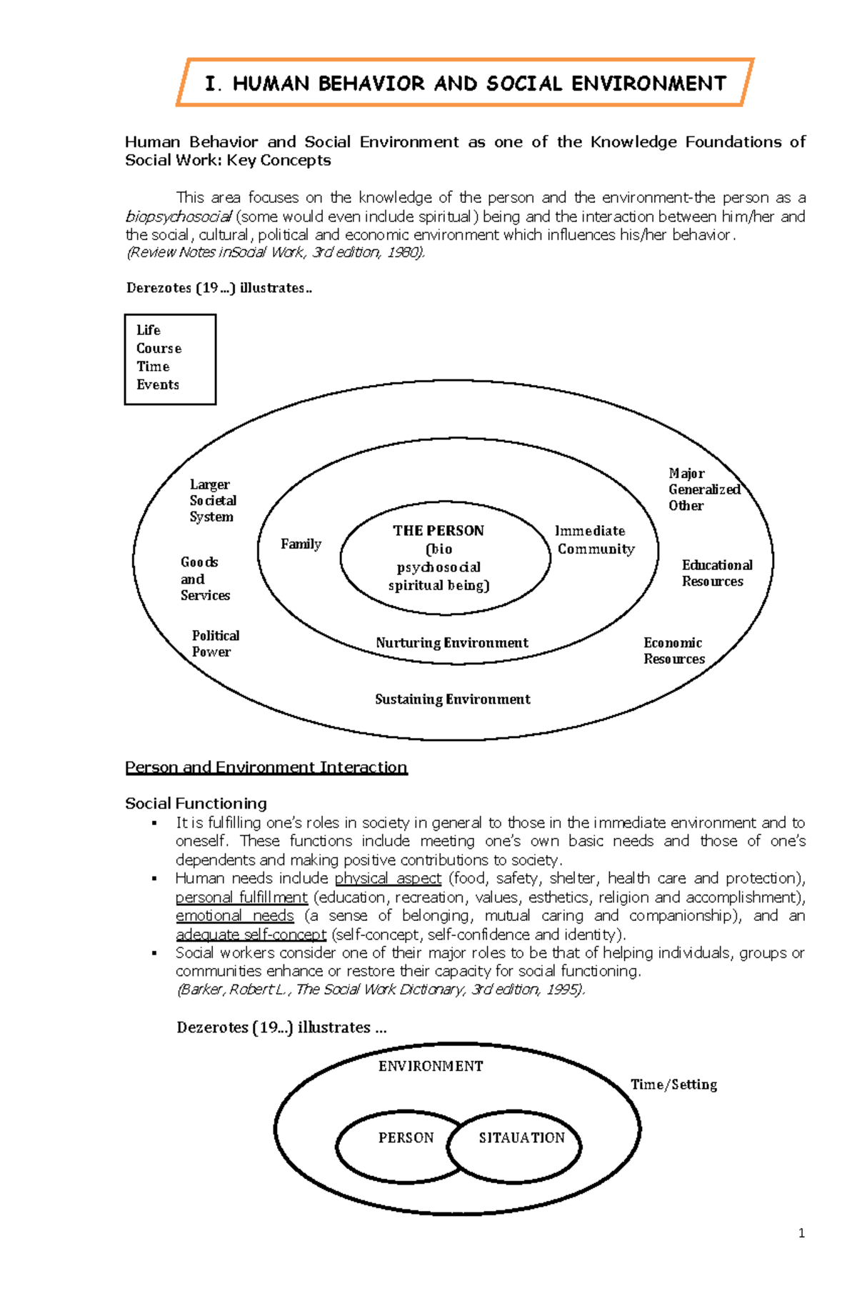 SW-23- Review - Notes - I. HUMAN BEHAVIOR AND SOCIAL ENVIRONMENT Human ...
