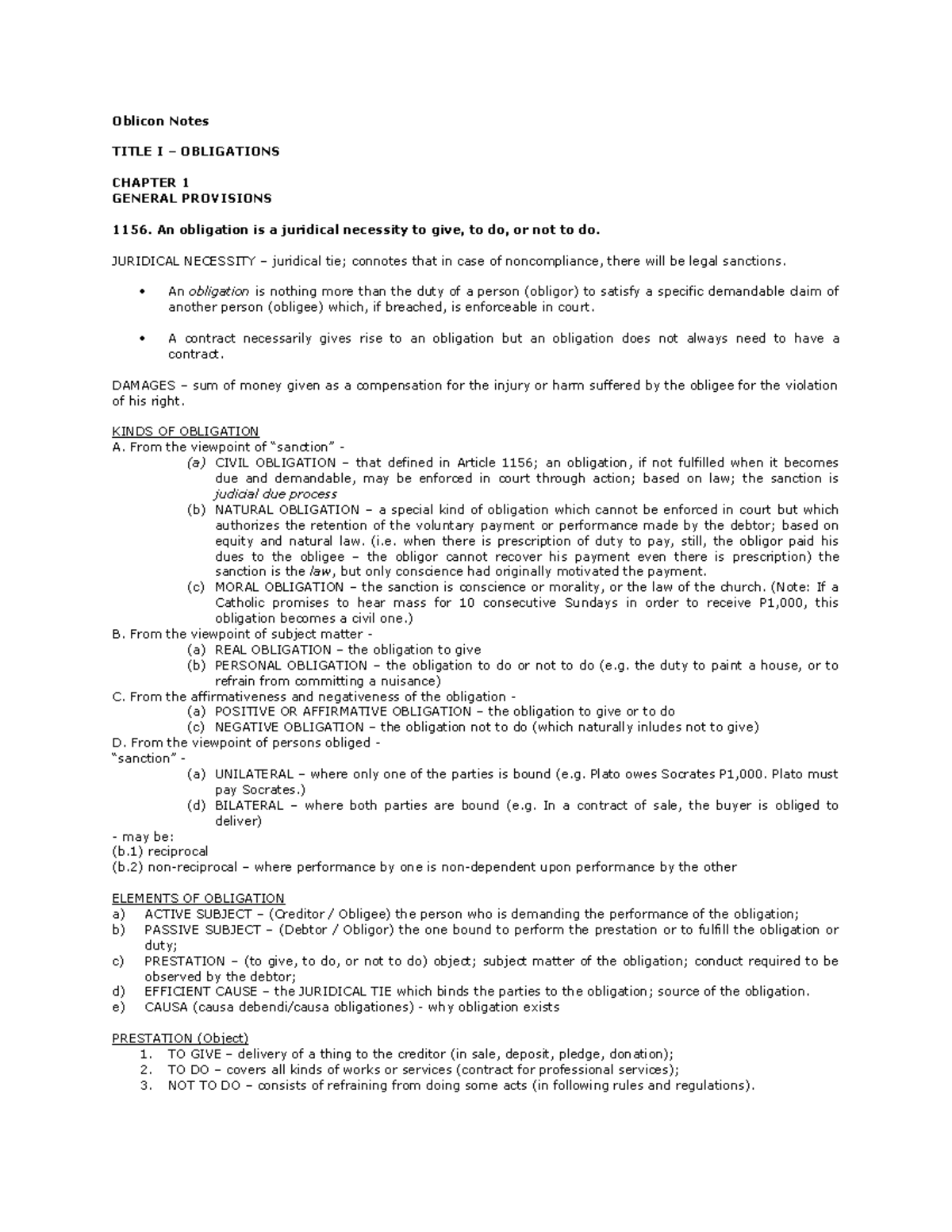 Oblicon - Notes - BUSINESS LAW - Oblicon Notes TITLE I – OBLIGATIONS ...