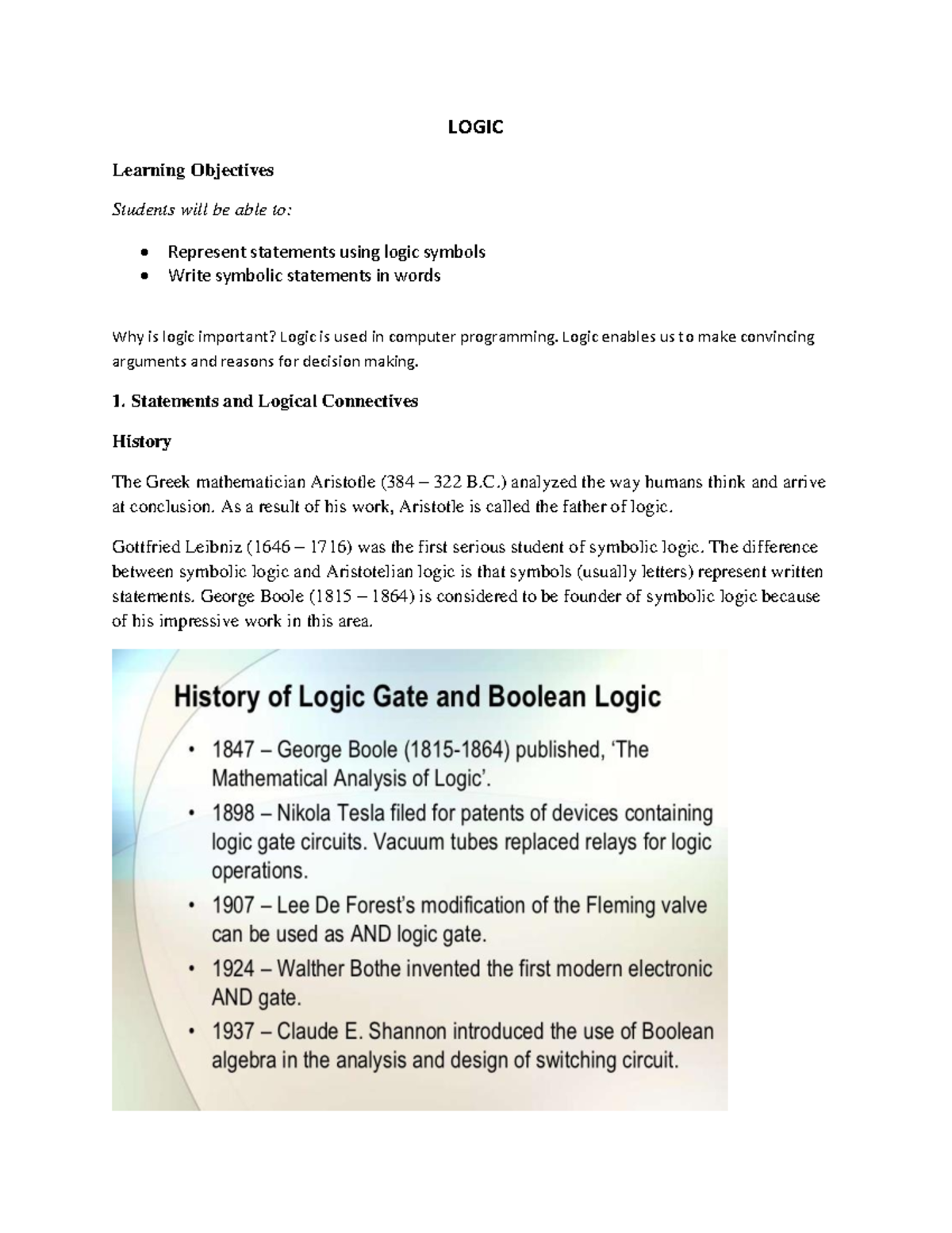Logic Notes WITH Key - LOGIC Learning Objectives Students will be able ...