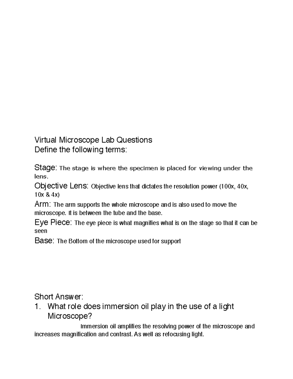 Microscope lab Qs Virtual Microscope Lab Questions Define the